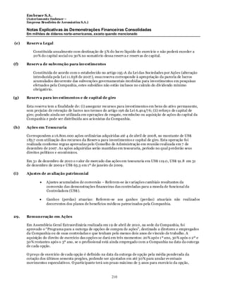 Em braer S.A.
      (Anteriomente Embraer –
      Empresa Brasileira de Aeronáutica S.A.)

      Notas Explicativas às Demonstrações Financeiras Consolidadas
      Em milhões de dólares norte-americanos, exceto quando mencionado

(e)   Reserv a Legal

          Constituída anualmente com destinação de 5% do lucro líquido do exercício e não poderá exceder a
          20% do capital social ou 30% no somatório dessa reserv a e reserv as de capital.

(f)   Reserv a de subvenção para investimentos

          Constituída de acordo com o estabelecido no artigo 195 -A da Lei das Sociedades por Ações (alteração
          introduzida pela Lei 11.638 de 2007 ), essa reserva corresponde à apropriação da parcela de lucros
          acumulados dec orrente das subvenções governamentais recebidas para investimentos em pesquisas
          efetuados pela Companhia, estes subsídios não estão inclusos no calculo do div idendo mínimo
          obrigatório.

(g)   Reserv a para inv estimentos e de capital de giro

      Esta reserva tem a finalidade de: (i) assegurar recursos para investimentos em bens do ativo permanente,
      sem prejuízo de retenção de lucros nos termos do artigo 196 da Lei 6.404/7 6; (ii) reforço de capital de
      giro; podendo ainda ser utilizada em operações de resgate, ree mbolso ou aquisição de ações do capital da
      Companhia e pode ser distribuída aos acionistas da Companhia.

(h)   Ações em Tesouraria

      Correspondem a 1 6.800.000 ações ordinárias adquiridas até 4 de abril de 2008, no montante de US$
      1 83.7 com utilização dos recursos da Reserv a para investimentos e capital de giro. Esta operação foi
      realizada conforme regras aprovadas pelo Conselho de Administração em reunião realizada em 7 de
      dezembro de 2007 . As ações adquiridas serão mantidas em tesouraria, período no qual p erderão seus
      direitos políticos e econômicos.

      Em 31 de dezembro de 2010 o v alor de mercado das ações em tesouraria era US$ 119.0, US$ 91.8 em 31
      de dezembro de 2009 e US$ 63.3 em 1º de janeiro de 2009.

(i)   Ajustes de av aliação patrimonial

                  Ajustes acumulados de conversão – Referem-se às v ariações cambiais resultantes da
                  conversão das demonstrações financeiras das controladas para a moeda de funcional da
                  Controladora (US$).

                  Ganhos (perdas) atuarias: Referem-se aos ganhos (perdas) atuariais não realizad os
                  decorrentes dos planos de benefícios médicos patrocinados pela Companhia.


29.   Remuneração em Ações

      Em Assembleia Geral Extraordinária realizada em 1 9 de abril de 2010, na sede da Companhia, foi
      aprovado o “Programa para a outorga de opções de compra de ações”, destinado a diretores e empregados
      da Companhia ou de suas controladas e que tenham pelo menos dois anos de v ínculo de trabalho. A
      aquisição do direito de exercício das opções se dará em três momentos: 20% após 1 º ano, 30% após o 2º e
      50% restantes após o 3º ano, se o profissional está ainda empregado com a Companhia na data da outorga
      de cada opção.

      O preço de exercício de cada opção é definido na data da outorga de opção pela média ponderada da
      cotação dos últimos sessenta pregões, podendo ser ajustados em até 30% para anular ev entuais
      movimentos especulativos. O participante terá um prazo máx imo de 5 anos para exercício da opção,


                                                          210
 