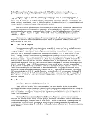 de duas fábricas em Evora, Portugal, iniciada em ju lho de 2008 e (4) investimentos relacionados ao
desenvolvimento de tecnologia, particularmente na infra-estrutura de robótica na nossa fábrica em Botucatu.

         Esperamos investir no Brasil apro ximadamente 74% de nossos gastos de capital orçados no valor de
US$410.0 milhões em 2011, a maior parte a ser investida em atividades de desenvolvimento. Os 26% restantes de
nossos gastos de capital serão investidos no exterior, part icularmente em imóveis, instalações e equipamentos para
nossas instalações industriais nas cidades de Melbourne, Flórida e Évora, Portugal. Em 2011, não esperamos receber
valores significativos de contribuições de caixa dos parceiros de risco.

         Geralmente, nossos gastos de capital são financiados por recursos gerados por operações, empréstimos sob
contrato de crédito, contribuições em dinheiro de parceiros de risco, adiantamentos de clientes e, em nível menor,
aumentos de capital para atender a essas necessidades. Consulte o ―Item 5B. Análise e Perspectiva Operacional e
Financeira — Liquidez e Recursos de Capital — Visão Geral‖ e ―Item 5C. Análise e Perspectiva Operacional e
Financeira — Pesquisa‖.

        Não incorremos em gastos com desenvolvimento de programas de defesa e segurança, uma vez que tais
programas são financiados pelo governo brasileiro e outros clientes do governo nos termos de contratos de
desenvolvimento de longo prazo.

4B.      Visão Geral da Empresa

          Somos u m dos maiores fabricantes de aeronaves comerciais do mundo, com base na receita de aeronaves
comerciais em 2010, co m u ma base de clientes global. Nossa meta é obter a satisfação do cliente co m u ma oferta
variada de produtos e serviços para os mercados de aeronaves comerciais, jatos executivos, de defesa, segurança e
serviços de aviação. Nosso negócio de aeronaves comerciais correspondeu a 53,9% da receita líquida em 2010.
Somos o principal fornecedor de aeronaves de defesa para a Força Aérea Brasileira, co m base no número de
aeronaves vendidas, e vendemos aeronaves para forças militares na Eu ropa, Ásia e América Latina. Nosso negócio
de aeronaves de defesa e segurança correspondeu a 12,5% da receita líquid a de vendas em 2010. Desenvolvemos
uma linha de jatos executivos com base em u ma de nossas plataformas de jatos regionais, e lançamos novos jatos
executivos nas categorias de porte básico, leve, u ltragrande, médio leve e méd io: as famílias de aeronaves Phe nom
100/300, Lineage 1000 e Legacy 450/500, respectivamente. Nosso negócio de jatos executivos correspondeu a
21,3% da receita de 2010. Fornecer suporte de alta qualidade ao cliente é u m elemento importante de nosso foco no
cliente e u m fator crít ico para nossa capacidade de manter relacionamentos de longo prazo com nossos clientes.
Nossos serviços de aviação representaram 10,5% da receita em 2010. Outros negócios relacionados representaram
1,8% da receita líquida em 2010. No exercício findo em 31 de dezemb ro de 2010, geramos receita líquida de US$
5.364,1 milhões, da qual mais de 87,3% foram denominadas em dólares norte-americanos. Em 31 de dezemb ro de
2010, t ínhamos u ma carteira de pedidos firmes no total de US$ 15,6 bilhões, que incluíam 250 pedidos firme s de
aeronaves comerciais.

Nossos Pontos Fortes

         Acreditamos que nossos principais pontos fortes são:

          Maior Fabricante de Jatos Comerciais co m u ma Base de Clientes Mundial. So mos um dos maiores
fabricantes de jatos para 30 a 120 passageiros, segundo o número de aeronaves vendidas, com forte base mundial de
clientes. Já vendemos nossos jatos regionais e de capacidade média a 70 clientes nos cinco continentes do mundo.
Entre nossos clientes, estão algumas das maiores e mais importantes companhias aéreas region ais de baixo custo e
comerciais de todo o mundo.

         Projeto de Aeronaves; Eficiência Operacional e de Custos. Projetamos, desenvolvemos e fabricamos
aeronaves para oferecer a nossos clientes custos de operação, manutenção e treinamento reduzidos, resultantes da
similaridade e eficiência dos projetos e do uso de peças comuns a jatos da mesma família. Essas similaridades nos
permitem reduzir significativamente nossos custos de projeto, desenvolvimento e produção, repassando essa
economia a nossos clientes no preço de venda. Essas similaridades também reduzem o tempo de desenvolvimento de
nossas aeronaves.




                                                         25
 