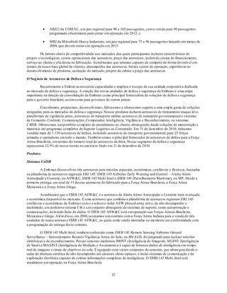 ARJ21 da COMAC, u m jato regional para 90 a 105 passageiros, com a versão para 90 passageiros
               programada oficialmente para entrar em operação em 2012; e

               MRJ da M itsubishi Heavy Industries, um jato reg ional para 75 a 96 passageiros lançado em março de
               2008, que deverá entrar em operação em 2015.

         Os fatores chave de competitividade nos mercados dos quais participamos incluem características de
projeto e tecnológicas, custos operacionais das aeronaves, preço das aeronaves, incluin do custos de financiamento,
serviço ao cliente e eficiência na fabricação. Acred itamos que seremos capazes de competir de forma favorável em
termos da nossa base global de clientes, desempenho das aeronaves, baixos custos de operação, experiência no
desenvolvimento de produtos, aceitação do mercado, projeto da cabine e p reço das aeronaves.

O Neg ócio de Aeronaves de Defesa e Segurança

         Recentemente a Emb rar acrescentou capacidades e ampliou o escopo de sua unidade corporativa dedicada
ao mercado de defesa e segurança. A criação das novas unidades de defesa e segurança da Embraer é u ma etapa
importante na direção da consolidação da Embraer co mo principal fornecedora de soluções de defesa e segurança
para o governo brasileiro, assim co mo para governos de outros países.

         Concebemos, projetamos, desenvolvemos, fabricamos e oferecemos suporte a uma amp la gama de soluções
integradas para os mercados de defesa e segurança. Nossos produtos incluem aeronaves de treinamento/ataque leve,
plataformas de vigilância aérea, aeronaves de transporte militar, aeronaves de transporte governamental e sistemas
de Co mando, Controle, Co municações, Co mputador, Inteligência, Vig ilância e Reconhecimento, ou sistemas
C4ISR. Oferecemos u m portfólio co mp leto de atendimento ao cliente, abran gendo desde soluções de manutenção e
materiais até programas co mpletos de Suporte Logístico ao Contratado. Em 31 de dezemb ro de 2010, tínhamos
vendido mais de 1.150 aeronaves de defesa, incluindo aeronaves de transporte governamental, para 25 forças
armadas e operadoras em todo o mundo. Também somos o principal fornecedor de aeronaves de defesa para a Força
Aérea Brasileira, em termos do número total de aeronaves da frota. Nosso segmento de defesa e segurança
representou 12,5% de nossa receita no exercício findo em 31 de dezemb ro de 2010.

Produtos

Sistemas C4ISR

         A Emb raer desenvolveu três aeronaves para missões especiais, econômicas, confiáveis e flexíveis, baseadas
na plataforma de aeronaves regionais ERJ 145: EM B 145 Airborne Early Warning and Control – A lerta Aéreo
Antecipado e Controle, ou A EW&C, EM B 145 Mult i Intel e EM B 145 (Pat rulhamento Marít imo), ou MP. Desde a
primeira entrega, um total de 15 dessas aeronaves foi fabricado para a Força Aérea Brasileira, a Força Aérea
Mexicana e a Força Aérea Grega.

         Acreditamos que o EM B 145 AEW&C é a aeronave de Alerta Aéreo Antecipado e Controle mais avançada
e econômica d isponível no mercado. É u ma aeronave que combina a plataforma de aeronaves regionais ERJ 145
confiáveis e econômicas da Embraer co m o exclusivo radar A EW phased-array ativo, de alto desempenho e
mu ltimodo, u m poderoso sistema C4I e u m conjunto abrangente de sistemas de suporte, como autoproteção e
comunicações, inclu indo lin ks de dados. O EM B 145 AEW&C está em operação nas Forças Aéreas Brasileira,
Mexicana e Grega. A lém d isso, em 2008, assinamos u m contrato com a Força Aérea Indiana para a venda de três
unidades de nossa aeronave EMB 145 AEW&C, as quais estão sendo montadas no mo mento em conformidade com
a programação de entrega deste contrato.

          O EM B 145 Multi Intel, também conhecido como EM B 145 Remote Sensing/Airborne Ground
Surveillance – Sensoriamento Remoto/Vigilância Aérea do Solo, ou RS/A GS, foi projetado para realizar missões
eletrônicas e de reconhecimento. Possui sensores modernos IMINT (In teligência de Imagem), SIGINT (Inteligência
de Sinal) e MASINT (Inteligência de Medição e Assinatura) e é capaz de fornecer dados de inteligência em tempo
real de imagens e sinais de objetivos no solo. É equipado com vários conjuntos de sensores, que abran gem desde o
radar de abertura sintética de alto desempenho até sensores eletro -ópticos, e inclui sistemas de co municação e de
exploração elet rônica capazes de coletar informações comp letas de inteligência. O EMB 145 Mult i Intel está
atualmente em operação na Força Aérea Brasileira.


                                                         32
 