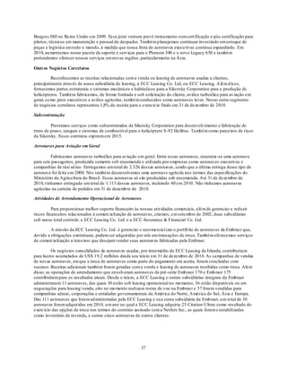 Burgess Hill no Reino Unido em 2009. Essa joint venture prevê treinamento com cert ificação e pós -certificação para
pilotos, técnicos em manutenção e pessoal de despacho. Também p lanejamos continuar investindo em estoque de
peças e logística em todo o mundo, à medida que nossa frota de aeronaves execu tivas continua expandindo. Em
2010, au mentamos nosso pacote de suporte e serviços para o Phenom 300 e o novo Legacy 650 e também
pretendemos oferecer nossos serviços em novas regiões, particularmente na Ásia.

Outros Negóci os Correl atos

          Reconhecemos as receitas relacionadas com a venda ou leasing de aeronaves usadas a clientes,
principalmente através de nossa subsidiária de leasing, a ECC Leasing Co. Ltd, ou ECC Leasing. A lém d isso,
fornecemos partes estruturais e sistemas mecânicos e hidráulicos para a Siko rsky Corporation para a produção de
helicópteros. Também fabricamos, de forma limitada e sob solicitação do cliente, aviões turboélice para av iação em
geral, co mo jatos executivos e aviões agrícolas, também conhecidos como aeronaves leves. Nosso outro segmento
de negócios correlatos representou 1,8% da receita para o exercício findo em 31 de dezembro de 2010.

Subcontratação

         Prestamos serviços como subcontratados da Sikorsky Corporation para desenvolvimento e fabricação de
trens de pouso, tanques e sistemas de combustível para o helicóptero S-92 Helibus. Também somo parceiros de risco
da Sikorsky. Esses contratos expiram em 2015.

Aeronaves para Aviação em Geral

          Fabricamos aeronaves turboélice para aviação em geral. Entre essas aeronaves, encontra -se uma aeronave
para seis passageiros, produzida somente sob encomenda e utilizada por empresas como aeronaves executivas e
companhias de táxi aéreo. Entregamos um total de 2.326 dessas aeronaves, sendo que a última entrega desse tipo de
aeronave foi feita em 2000. Nós também desenvolvemos uma aeronave agrícola nos termos das especificações do
Ministério da Agricu ltura do Brasil. Essas aeronaves só são produzidas sob encomenda. Até 31 de dezembro de
2010, t ínhamos entregado um total de 1.115 dessas aeronaves, incluindo 40 em 2010. Não tínhamos aeronaves
agrícolas na carteira de pedidos em 31 de dezemb ro de 2010.

Atividades de Arrendamento Operacional de Aeronaves

          Para proporcionar melhor suporte financeiro às nossas atividades comerciais, além de gerenciar e reduzir
riscos financeiros relacionados à comercialização de aeronaves, criamos, em setembro de 2002, duas subsidiárias
sob nosso total controle: a ECC Leasing Co. Ltd. e a ECC-Insurance & Financial Co. Ltd.

         A missão da ECC Leasing Co. Ltd. é gerenciar e reco mercializar o portfó lio de aeronaves da Embraer que,
devido a obrigações contratuais, podem ser adquiridas por nós em transações de troca. Também oferecemos serviços
de comercialização a terceiros que desejam vender suas aeronaves fabricadas pela Embraer.

          Os negócios consolidados de aeronaves usadas, por intermédio da ECC Leasing da Irlanda, contribuíram
para lucros acumulados de US$ 19,2 milhões desde seu início em 31 de dezembro de 2010. As campanhas de vendas
de novas aeronaves, em que a troca de aeronaves como parte do pagamento era aceita, foram concluídas com
sucesso. Receitas adicionais também foram geradas com a venda e leasing de aeronaves recebidas como troca. Além
disso, as operações de arrendamento que envolveram aeronaves da pré-série Emb raer 170 e Emb raer 175
contribuíram para os resultados atuais. Desde o início, a ECC Leasing e outras subsidiárias integrais da Embraer
administraram 11 aeronaves, das quais 30 estão sob leasing operacional no mo mento, 36 estão disponíveis ou em
negociações para leasing/venda, oito no mo mento realizam testes de voo na Embraer e 37 foram vendidas para
companhias aéreas, corporações e entidades governamentais da América do Norte, A mérica do Sul, Ásia e Europa.
Das 111 aeronaves que foram ad ministradas pela ECC Leasing e su a outra subsidiária da Emb raer, u m total de 30
aeronaves foram adquiridas em 2010, u m ano no qual a ECC Leasing adquiriu 25 Citation Ultras como resultado do
exercício das opções de troca nos termos do contrato assinado com a NetJets Inc., as quais foram c ontabilizadas
como inventário de revenda, e outras cinco aeronaves de outros clientes.




                                                         37
 