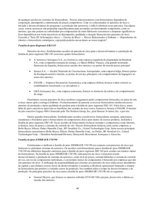 de qualquer um desses contratos de fornecedores.. Nossos relacionamentos com fornecedores dependem de
cooperação, desempenho e manutenção de preços competitivos. Uma vez selecionados os parceiros de risco e
iniciado o desenvolvimento do programa e a p rodução das aeronaves, é difícil substituir esses parc eiros. Em alguns
casos, nossas aeronaves são projetadas especificamente para aco modar u m determinado componente, como os
motores, que não podem ser substituídos por componentes de outro fabricante sem atrasos e despesas significativos.
Essa dependência nos torna suscetíveis ao desempenho, qualidade e situação financeira dos parceiros de risco.
Consulte o "Item 3D. In formações chave — Fatores de Risco — Riscos Relacionados à Embraer — Dependemos de
clientes e fornecedores estratégicos, cuja perda poderia causar danos ao nosso negócio".

Família de jatos Regionais ERJ 145

         Parceiros de risco. Estabelecemos acordos de parceria de risco para o desenvolvimento e a produção da
família de jatos regionais ERJ 145 co m estes quatro fornecedores:

               A Aernnova Aerospace S.A., ou Aernnova, uma emp resa espanhola de propriedade da Iberdrola
               S.A., u ma co mpanhia europeia de energia, e o Banco Bilbao Vizcaya, u ma grande instituição
               financeira da Espanha, fornecem as nacelas dos motores e as portas do trem de pouso principal.

               Sonaca S.A. — Société Nationale de Constructions Aérospatiales, uma emp resa belga, fornece partes
               da fuselagem central e traseira, as portas de serviço, principais e do compart imento de bagagem e as
               torres dos motores;

               ENA ER — Empresa Nacional de Aeronáutica, u ma empresa chilena, fo rnece a aleta vert ical, os
               estabilizadores horizontais e os elevadores; e

               C&D Aerospace, Inc., u ma empresa americana, fornece os interio res da cabine e do compartimento
               de carga.

          Geralmente, nossos parceiros de risco recebem o pagamento pelos componentes fornecidos no prazo de três
a cinco meses após a entrega à Embraer. O relacionamento de parceria co m esses fornecedores resulta em custos
menores de produção e maior qualidade do produto para a família de jatos regionais ERJ 145. A lém d isso, nossa
linha de jatos executivos aproveita os benefícios dos acordos de risco com a Aernnova, Sonaca e ENA ER. O interior
do jato executivo Legacy 600 é fornecido pela The Nordam Group, Inc., pela Duncan Aviation, Inc. e por nós.

         Outros grandes fornecedores. Estabelecemos acordos com diversos fornecedores europeus, americanos,
canadenses e brasileiros para o fornecimento de componentes chave para muitos de nossos produtos, incluindo a
família de jatos regionais ERJ 145. Esses acordos de fornecimento in cluem sistemas e componentes como motores,
aviônicos, trens de pouso e sistemas de controle de vôo. Nossos fornecedores incluem, entre outras empresas, a
Rolls-Royce Allison, Parker Hannifin Corp., BF Goodrich Co., Un ited Technologies Corp. Entre nossos principais
fornecedores encontram-se Ro lls-Royce Allison, Parker Hannifin Corp., ou Parker, BF Goodrich Co., United
Technologies Corp. – Hamilton Sundstrand Division, Honeywell, Rosemount Aerospace e Alcoa Inc.

Família de jatos EMBRAER 170/190

         Continuamos a melhorar a família de jatos EM BRA ER 170/190 em conjunto com parceiros de risco que
fornecem os principais sistemas da aeronave. Os acordos com fornecedores para a família de jatos EM BRAER
170/190 são diferentes daqueles existentes para a família de jatos regionais ERJ 145 pois usamos um número menor
de fornecedores. Na família de jatos EM BRA ER 170/190, cada parceiro de risco é responsável pelo
desenvolvimento e produção de sistemas da aeronave, como trem de pouso, sistema hidráulico e sistema de controle
de voo, em vez de co mponentes individuais, e u m nú mero menor de co mponentes é fornecido por empresas que não
são parceiros de risco. A atribuição da responsabilidade por sistemas aos parceiros de risco reduz nosso desembolso
de capital, o que diminui nossos riscos de desenvolvimento e au menta a eficiência operacional limitando o número
de fornecedores por produto e cortando custos de produção. Isso também reduz o tempo de desenvolvimento e de
produção. Os principais parceiros de risco para a família de jatos EM BRA ER 170/190 são os seguintes:

               General Electric, que fornece os motores turbofan CF34-8E/ 10E e pro jeta, desenvolve e fabrica as
               nacelas dos motores;


                                                        40
 