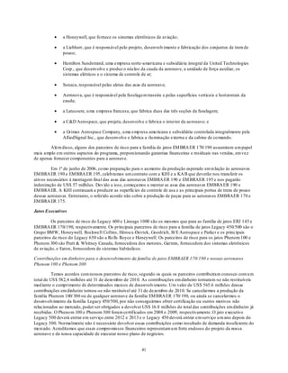 a Honeywell, que fo rnece os sistemas eletrônicos de aviação;

               a Liebherr, que é responsável pelo projeto, desenvolvimento e fabricação dos conjuntos de trem de
               pouso;

               Hamilton Sundstrand, uma empresa norte-americana e subsidiária integral da United Technologies
               Corp., que desenvolve e produz o núcleo da cauda da aeronave, a unidade de força auxiliar, os
               sistemas elétricos e o sistema de controle de ar;

               Sonaca, responsável pelas aletas das asas da aeronave;

               Aernnova, que é responsável pela fuselagem traseira e pelas superfícies verticais e horizontais da
               cauda;

               a Latecoere, u ma empresa francesa, que fabrica duas das três seções da fuselagem;

               a C&D Aerospace, que projeta, desenvolve e fabrica o interior da aeronave; e

               a Grimes Aerospace Company, u ma emp resa americana e subsidiária controlada integralmente pela
               AlliedSignal Inc., que desenvolve e fabrica a ilu minação externa e da cabine de co mando.

        Além disso, alguns dos parceiros de risco para a família de jatos EM BRA ER 170/ 190 assumiram u m papel
mais amplo em outros aspectos do programa, proporcionando garantias financeiras e residuais nas vendas, em vez
de apenas fornecer componentes para a aeronave.

         Em 1º de junho de 2006, co mo preparação para o au mento da produção esperado em relação às aeronaves
EM BRA ER 190 e EM BRA ER 195, celeb ramos um contrato com a KHI e a KA B que deverão nos transferir os
ativos necessários à montagem final das asas das aeronaves EMBRA ER 190 e EM BRAER 195 e nos pagarão
indenização de US$ 57 milhões. Dev ido a isso, começamos a montar as asas das aeronaves EMBRA ER 190 e
EM BRA ER. A KHI continuará a produzir as superfícies de controle de asa e as principais portas de trens de pouso
dessas aeronaves. Entretanto, o referido acordo não cobre a produção de peças para as aeronaves EMBRAER 170 e
EM BRA ER 175.

Jatos Executivos

         Os parceiros de risco do Legacy 600 e Lineage 1000 são os mesmos que para as família de jatos ERJ 145 e
EM BRA ER 170/190, respectivamente. Os principais parceiros de risco para a família de jatos Legacy 450/500 são o
Grupo BMW, Honeywell, Rockwell Collins, Hérou x-Devtek, Goodrich, B/ E Aerospace e Parker e os principais
parceiros de risco do Legacy 650 são a Ro lls Royce e Honeywell. Os parceiros de risco para os jatos Phenom 100 e
Phenom 300 são Pratt & Whitney Canada, fornecedora dos motores, Garmin, fornecedora dos sistemas eletrônicos
de aviação, e Eaton, fornecedora de sistemas hidráulicos.

Contribuições em dinheiro para o desenvolvimento da família de jatos EMBRAER 170/190 e nossas aeronaves
Phenom 100 e Phenom 300

          Temos acordos com nossos parceiros de risco, segundo os quais os parceiros contribuíram conosco com u m
total de US$ 582,4 milhões até 31 de dezembro de 2010. As contribuições em dinheiro tornaram-se não restituíveis
med iante o cumprimento de determinados marcos de desenvolvimento. Um valor de US$ 565.6 milhões dessas
contribuições em dinheiro tornou-se não restituível até 31 de dezembro de 2010. Se cancelarmos a produção da
família Phenom 100/ 300 ou de qualquer aeronave da família EM BRA ER 170/ 190, ou ainda se cancelarmos o
desenvolvimento da família Legacy 450/500, por não conseguirmos obter certificação ou outros motivos não
relacionados ao mercado, poder ser obrigados a devolver US$ 16.8 milhões do total das contribuições em dinheiro já
recebidas. O Pheno m 100 e Phenom 300 foram certificados em 2008 e 2009, respectivamente. O jato executivo
Legacy 500 deverá entrar em serviço entre 2012 e 2013 e o Legacy 450 deverá entrar em serviço u m ano depois do
Legacy 500. Normalmente não é necessário devolver essas contribuições como resultado de demanda insuficiente do
mercado. Acreditamos que esses compro missos financeiros representam u m forte endosso do projeto da nossa
aeronave e da nossa capacidade de executar nosso plano de negócios.


                                                         41
 
