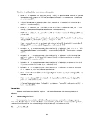 O histórico de cert ificação das nossa aeronaves é o seguinte:

                O ERJ 145 fo i cert ificado para operar nos Estados Unidos e no Brasil no último trimestre de 1996; na
                Europa no segundo trimestre de 1997; na Austrália em junho de 1998 e, para a versão LR, na China
                em novembro de 2000.

                A versão ERJ 145 XR fo i cert ificada pela Agência Nacional de Aviação Civil em agosto de 2002 e
                pela FAA em outubro de 2002.

                O ERJ 135 fo i cert ificado pela Agência Nacional de Aviação Civ il em junho de 1999, pela FAA em
                julho de 1999 e pela autoridade de aviação europeia em outubro de 1999.

                O ERJ 140 fo i cert ificado pela Agência Nacional de Aviação Civil em junho de 2001 e pela FAA em
                julho de 2001.

                O jato executivo Legacy 600 foi certificado pela Agência Nacional de Aviação Civil em dezembro de
                2001, pela JAA em julho de 2002 e pela FAA em agosto de 2002.

                O jato executivo Legacy 650 foi certificado pela Agência Nacional de Aviação Civil em setembro de
                2010, pela EASA em outubro de 2010 e pela FAA em fevereiro de 2011.

                O EM BRA ER 170 foi certificado pela Agência Nacional de Aviação Civil, FAA, JAA, EASA e pela
                autoridade da Polônia em fevereiro de 2004 e as entregas do EMBRAER 170 co meçaram em março
                de 2004.

                O EM BRA ER 175 foi certificado pela Agência Nacional de Aviação Civil em dezemb ro de 2004,
                pela EASA em janeiro de 2005, pela TCCA, a autoridade de certificação canadense, em julho de
                2005, e pela FAA em agosto de 2006.

                O EM BRA ER 190 foi certificado pela Agência Nacional de Aviação Civil em agosto de 2005, pela
                FAA em setembro de 2005 e pela EASA em junho de 2006.

                O EM BRA ER 195 foi certificado pela Agência Nacional de Aviação Civil em junho de 2006, pela
                EASA em julho de 2006 e pela FAA em agosto de 2007.

                O jato executivo Phenom 100 fo i cert ificado pela Agência Nacional de Aviação Civil e pela FAA em
                dezembro de 2008.

                O jato executivo Lineage 1000 fo i cert ificado pela Agência Nacional de Aviação Civ il, pela FAA e
                pela EASA em dezembro de 2008.

                O Agência Nacional de Aviação Civil e a FAA certificaram o Phenom 300 em dezembro de 2009 e a
                EASA em abril de 2010.

Sazonali dade

         Nenhuma parte importante de nossos negócios é considerada sazonal em relação a qualquer aspecto
relevante.

4C.      Es trutura Organizacional

        Nossas operações são conduzidas pela Embrae r S.A. co mo emp resa controladora e principal empresa
operacional. A Embraer possui diversas subsidiárias diretas e indiretas, nenhuma das quais considerada significativa.
Uma lista completa de nossas subsidiárias está especificada no Anexo 8.1 deste relató rio anual.

4D.      Ati vo Imobilizado




                                                          46
 