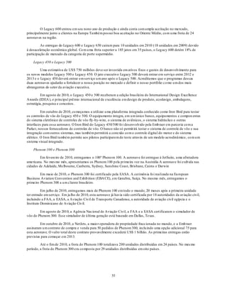 O Legacy 600 entrou em seu nono ano de produção e ainda conta com ampla aceitação no mercado,
principalmente junto a clientes na Europa Também possui boa aceitação no Oriente Médio, co m u ma frota de 24
aeronaves na região.

         As entregas do Legacy 600 e Legacy 650 caíram para 10 unidades em 2010 (18 unidades em 2009) devido
à desaceleração econômica global. Co m u ma frota superior a 185 jatos em 35 países, o Leg acy 600 detém 18% de
participação de mercado da categoria de porte supermédio.

    Legacy 450 e Legacy 500

         Uma estimativa de US$ 750 milhões deve ser investida em ativos fixos e gastos de desenvolvimento para
os novos modelos Legacy 500 e Legacy 450. O jato executivo Legacy 500 deverá entrar em serviço entre 2012 e
2013 e o Legacy 450 deverá entrar em serviço u m ano após o Legacy 500. Acreditamos que o programas dessas
duas aeronaves ajudarão a fortalecer a nossa posição no mercado e definir o nosso portfólio c o mo u m dos mais
abrangentes do setor da aviação executiva.

          Em agosto de 2010, o Legacy 450 e 500 receberam a edição brasileira do International Design Excellence
Awards (IDEA ), o principal prêmio internacional de excelência em design de produto, ecodesign , embalagens,
estratégia, pesquisa e conceitos.

          Em outubro de 2010, co meçamos a utilizar u ma plataforma integrada conhecido como Iron Bird para testar
os controles de vôo do Legacy 450 e 500. O equipamento integra, em u m único banco, equipamentos e compon entes
do sistema eletrônico de controles de vôo fly-by-wire, o sistema de aviônicos, o sistema hidráu lico e outras
interfaces para essa aeronave. O Iron Bird do Legacy 450/500 fo i desenvolvido pela Emb raer em parceria co m a
Parker, nossos fornecedores de controles de vôo. O banco não só permit irá testar o sistema de controle de vôo e sua
integração com outros sistemas, mas também permitirá a conexão co m o controle d igital do motor e do sistema
elétrico. O Iron Bird também permite aos pilotos participarem do teste através de um modelo aerodinâmico, co m u m
sistema visual integrado.

    Phenom 100 e Phenom 300

         Em fevereiro de 2010, entregamos o 100º Pheno m 100. A aeronave foi entregue à JetSuite, u ma afretadora
americana. No mes mo mês, apresentamos os Phenom 100 pela primeira vez na Austrália A aeronave foi exib ida nas
cidades de Adelaide, Melbourne, Canberra, Sydney, Sunshine Coast, Brisbane, Cairns e Darwin

         Em maio de 2010, o Phenom 300 foi certificado pela EASA. A cerimôn ia fo i realizada na Eu ropean
Business Aviation Convention and Exhib ition (EBA CE), em Genebra, Suíça. No mesmo mês, entregamos o
primeiro Phenom 300 a u m cliente brasileiro.

          Em julho de 2010, entregamos mais de Phenom 100 em todo o mundo, 20 meses após a primeira unidade
ter entrado em serviço. Em ju lho de 2010, esta aeronave já havia sido certificada por 18 autoridades da aviação civil,
incluindo a FAA, a EASA, a Aviação Civil de Transporte Canadense, a autoridade de aviação civil egípcia e o
Instituto Domin icano de Aviação Civ il.

        Em agosto de 2010, a Agência Nacional de Aviação Civil, a FAA e a EASA cert ificaram o simulador de
vôo do Phenom 300. Esse simulador de ú ltima geração está baseado em Dallas, Texas.

         Em outubro de 2010, a NetJets, a maio r operadora de propriedade fraccionada no mundo, e a Emb raer
assinaram u m contrato de compra e venda para 50 pedidos de Phenom 300, inclu indo uma opção adicional 75 para
esta aeronave. O valro total deste contrato provavelmente excederá US$ 1 bilhão. As primeiras entregas estão
previstas para começar em 2013.

         Até o fim de 2010, a frota do Phenom 100 totalizava 200 unidades distribuídas em 24 países. No mes mo
período, a frota do Phenom 300 era co mposta por 29 unidades distribuídas em oito países.




                                                          55
 