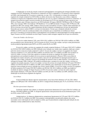 A diminuição na receita da aviação co mercial é principalmente consequência de entregas reduzidas nesse
segmento em 2010. Entregamos 100 aeronaves comerciais em 2010, co mparado às 122 aeronaves desse segmento
em 2009, u ma d iminuição de 22 aeronaves comerciais, ou seja, 18%. A diminuição no número de entregas no
segmento de aviação comercial em 2010 reflete os efeitos da recente crise financeira e seus efeitos e impactos
contínuos no negócio de companhias áereas mundial que, por sua vez, afetou a demanda de aeronaves comerciais. O
aumento da receita da aviação executiva resultou de um au mento de 25,2% nas entregas de jatos executivos em
2010, ou 29 jatos, para 144 jatos executivos em 2010 (inclu indo 10 Legacy 600/ 650, 100 Pheno m 100, 26 Phenom
300 e cinco Lineage 1000 e t rês Emb raer 190 Shulttle de 115 em 2009 (incluindo 18 Legacy 600, 93 Phenom 100,
um Phenom 300 e três Lineage 1000). Embora a frota de aviões de Embraer em todo o mundo tenha aumentado em
2010, as receitas em serviços de aviação diminuíram devido à redução na demanda por serviços de manutenção
fornecidos por nossos centros OGMA e serviços de treinamento. Cremos que a demanda reduzida de serviços
OGMA em 2010 se trata de ocorrência isolada e não estimamos que se transforme em tendência no futuro
previsível. O au mento na receita de defesa é principalmente um resultado de uma programação de entrega atípica de
Super Tucanos em 2010, resultando em mais Super Tucanos sendo entregues naquele ano do qu e nos anteriores.

    Custo das Vendas e dos Serviços

          O custo de vendas diminuiu 2,0%, para US$ 4,338.1 milhões em 2010 de US$ 4,428.4 milhões em 2009,
em consonância com o decréscimo de 2,4% na receita em 2010. O custo das vendas e serviços como percentual da
receita au mentou ligeiramente para 80,9% em 2010, contra 80, 4% em 2009.

         O custo de vendas e serviços no segmento de aviação comercial diminu iu 13, 6% para US$ 2,425.5 milhões
em 2010 de US$ 2,808.8 milhões em 2009, alinhado com a redução nas vendas nesse s egmento, dado que a maior
parte dos nossos custos de aviação comercial é variável. O custo de vendas e serviços no segmento de aviação
executiva aumentou 31,1%, para US$ 966,4 milhões em 2010 de US$ 737,4 milhões em 2009. Este au mento no
custo de vendas e serviços a um rit mo superior ao au mento da receita no segmento de aviação executiva é
principalmente um resultado da adição de novas aeronaves (particularmente o Phenom 300) à nossa linha de
montagem de aviação executiva, que está associada a uma curva de aprendizado de montagem inerente que é
superada com o tempo, conforme o processo de produção da aeronave torna-se mais eficiente. Um au mento nas
entregas do Lineage 1000 e Emb raer 190 também contribuiu para o au mento do custo das vendas e serviços no
segmento da aviação executiva. O custo de vendas e serviços de serviços de aviação diminuiu 5,6% para US$ 403,5
milhões em 2010 de US$ 427,4 milhões em 2009, quase alinhado com a diminuição na receita desse segmento de
negócios como resultado de um uso reduzido dos nossos centros OGMA. O custo de vendas e serviços no segmento
de defesa aumentou 26,3% para US$ 483,9 milhões em 2010 de US$ 383,2 milhões em 2009, que também é
resultado de maiores entregas de Super Tucanos em 2010. O custo de vendas e serviços de outros negócios
relacionados diminuiu 17,9% para US$ 58,8 milhões em 2010, de US$ 71,6 milhões em 2009 , alinhado com a
diminu ição na receita desse segmento de negócios .

    Lucro Bruto

        Co mo resultado dos fatores expostos anteriormente, nosso lucro bruto dimiuniu 4,1% de US$ 1.069,4
milhões em 2009 para US$ 1.026,0 milhões em 2010. A margem b ruta diminuiu para 19,1% em 2010 de 19,5% em
209.

    Receitas operacionais (despesas)

        Conforme explicado mais adiante, as despesas operacionais diminuíram 8,1% para US$ 634,3 milhões em
2010 de US$ 690,0 milhões em 2009. As despesas operacionais como percentual da receita diminuíram para 11,8%
em 2010, contra 12,6% em 2009.

         Admin istrativas. As despesas administrativas aumentaram ligeiramente de 3,2% para US$ 197,5 milhões
em 2010 de US$ 191,3 milhões em 2009. Este aumento é principalmente causado pelo aumento dos custos
associados com à valorização do real em relação ao dólar, que fo i parcialmente compensada pela redução de usto
atribuída a rot inas admin istrativas mais eficientes.




                                                        66
 