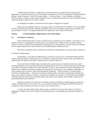 A tabela acima não reflete os comp ro missos contratuais relativos às opções de troca como parte do
pagamento e às garantias financeiras e de valor residual examinadas no ―Item 5E. Co mposições Não Reg istradas no
Balanço" acima. Consulte o "Item 3D. Principais Dados — Fatores de Risco — Riscos Relativos à Embraer —
Nossas receitas de aeronaves estão sujeitas a opções de troca e a garantias financeiras e de valor residual que podem
exig ir desembolsos expressivos de caixa no futuro."

         As obrigações de compras consistem em contas a pagar e obrigações de seguros.

         Outros passivos englobam impostos e encargos sociais no total de US$ 532,8 milhões em 31 de dezembro
de 2010. A tabela acima não reflete nenhuma informação sobre nossos instrumentos derivativos, analisados com
mais detalhes no "Item 11. Divulgações Quantitativas e Qualitativas sobre o Risco de Mercado‖.

ITEM 6.           CONS ELHEIROS, DIRETORIA E FUNCIONÁRIOS

6A.      Conselheiros e Diretori a

          Somos ad min istrados pelo Conselho de Administração, integrado por onze membros, e pela Diretoria ou
diretores executivos, integrada por no mínimo quatro e no máximo onze membros (cada um sendo um diretor
executivo). Nosso Conselho Fiscal permanente é integrado de três a cinco membros e mes mo número de suplentes.
Nossos órgãos admin istrativos devem realizar oito assembléias gerais ordinárias por ano.

         Não há laços familiares entre os memb ros do Conselho de Administração e/ou nossos diretores executivos.

Conselho de Administração

          Normalmente, o Conselho de Administração se reúne oito vezes por ano e extraordinariamente, quando
solicitado pelo presidente ou pela maioria de seus membros. É responsável, entre outras coisas, por estabelecer as
políticas gerais do negócio e por eleger e supervisionar os diretores executiv os.

          Nosso Conselho de Administração é nomeado pelos acionistas para um mandato de dois anos, sendo
permit ida reeleição, co m três assentos reservados da seguinte forma: (1) u m a ser no meado pelo governo brasileiro
na condição de titular da "golden share" (ação especial) e (2) dois a serem nomeados por nossos funcionários. Os
demais oito conselheiros são eleitos de acordo com as regras de voto de grupo e voto cumulativo estipuladas em
nosso estatuto social. Consulte o ―Item 10B. Informações Adicionais — Ato Constitutivo e Contrato Social —
Conselho de Administração — Eleição do Conselho de Admin istração", para obter uma descrição detalhada das
regras e procedimentos relativos à eleição e no meação dos membros do Conselho. A Lei brasileira das Sociedades
Anônimas exige que cada diretor possua pelo menos uma ação de nossa empresa. Não há idade co mpulsória de
aposentadoria para nossos diretores.

        Segundo as regras do Novo Mercado, os membros do nosso Conselho de Administração concordam em
cumprir os Regulamentos do Novo Mercado e com as regras da Câmara de Arbitragem da BOVESPA antes de
assumirem o cargo, assinando um Termo de Anuência dos Administradores.

         A seguir, são apresentados nomes, idades, cargos, o primeiro ano em que foram eleitos e uma breve
biografia dos membros do nosso Conselho de Administração eleitos na assembleia geral ord inária realizada em
26.04.11.




                                                          79
 