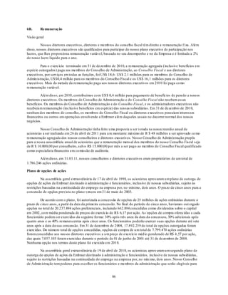 6B.      Remuneração

Visão geral

         Nossos diretores executivos, diretores e memb ros do conselho fiscal têm direito a remuneração f ixa. Além
disso, nossos diretores executivos são qualificados para participar do nosso plano executivo de participação nos
lucros, que lhes proporciona remuneração variável, baseada no seu desempenho e no da Empresa e é limitada a 2%
do nosso lucro líquido para o ano.

         Para o exercício terminado em 31 de dezembro de 2010, a remuneração agregada (inclusive benefícios em
espécie outorgados) paga aos membros do Conselho de Administração, ao Conselho Fiscal e aos diretores
executivos, por serviços em todas as funções, foi US$ 18,6: US$ 2.1 milhões para os membros do Conselho de
Admin istração, US$0,4 milhão para os memb ros do Conselho Fiscal e os US$ 16,1 milhões para os diretores
executivos. Mais da metade da remuneração paga aos nossos diretores executivos em 2 010 foi paga co mo
remuneração variável.

          Além disso, em 2010, contribuímos co m US$ 0,4 milhão para pagamento de benefícios de pensão a nossos
diretores executivos. Os memb ros do Conselho de Administração e do Conselho Fiscal não recebem esses
benefícios. Os membros do Conselho de Admin istração e do Conselho Fiscal, e os administradores executivos não
receberam remuneração (inclusive benefícios em espécie) das nossas subsidiárias. Em 31 de dezembro de 2010,
nenhum dos membros do conselho, os membros do Conselho Fiscal ou diretores executivos possuíam interesses
financeiros ou outros em operações envolvendo a Emb raer além daqueles usuais no decorrer normal dos nossos
negócios.

         Nosso Conselho de Administração tinha feito u ma proposta a ser votada na nossa reuniã o anual de
acionistas a ser realizada em 26 de abril de 2011 para u m montante máximo de R $ 48 milhões a ser aprovado co mo
remuneração agregada dos nossos conselheiros e diretores executivos. Nosso Conselho de Admin istração propôs
para a nossa asssembleia anual de acionistas que a remuneração mensal dos membros do nosso Conselho Fiscal seja
de R $ 10.000,00 por conselheiro, salvo R$ 15.000,00 por mês a ser pago ao membro do Conselho Fiscal qualificado
como especialista financeiro em co missão de auditoria.

        Além disso, em 31.03.11, nossos conselheiros e diretores executivos eram proprietários de um total de
1.786.246 ações ordinárias.

Plano de opções de ações

         Na assembleia geral extrao rdinária de 17 de abril de 1998, os acionistas aprovaram u m p lano de outorga de
opções de ações da Embraer destinado à administração e funcionários, inclusive de nossas subsidiárias, sujeito às
restrições baseadas na continuidade do emprego na empresa por, no mínimo , dois anos. O prazo de cinco anos para a
concessão de opções prevista no plano venceu em 31 de maio de 2003.

         De acordo com o plano, foi autorizada a concessão de opções de 25 milhões de ações ordinárias durante o
prazo de cinco anos, a partir da data da primeira concessão. No final do período de cinco anos, havíamos out orgado
opções no total de 20.237.894 ações preferenciais, incluindo 662.894 concedidas como div idendos sobre o capital
em 2002, co m média ponderada de preços do exercício de R$ 6,17 por ação. As opções de compra oferecidas a cada
funcionário podem ser exercidas da seguinte forma: 30% após três anos da data da concessou, 30% ad icionais após
quatro anos e os 40% remanescentes após cinco anos. Os funcionários poderão exercer suas opções durante até sete
anos após a data da sua concessão. Em 31 de dezemb ro de 2008, 17.892.239 do total de opções outorgadas foram
exercidas. Do número total de opções concedidas, opções de compra de u m total de 7.799.470 ações ordinárias
foram concedidas aos nossos diretores executivos a u m preço de exercício méd io ponderado de R$ 4,57 por ação,
das quais 7.057.105 foram exercidas durante o período de 01 de junho de 2001 até 31 de dezembro de 2008.
Nenhuma opção nos termos deste plano foi exercida em 2010.

          Na assembleia geral extrao rdinária de 19 de abril de 2010, os acionistas aprov aram u m segundo plano de
outorga de opções de ações da Embraer destinado à administração e funcionários, inclusive de nossas subsidiárias,
sujeito às restrições baseadas na continuidade do emprego na empresa por, no mín imo, dois anos. Nosso Conselho
de Admin istração tem poderes para escolher os funcionários e membros da administração que serão elegíveis para


                                                         86
 
