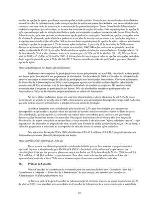 receber as opções de ações, que devem ser outorgadas a título gratuito. Contudo, em circunstâncias extraordinárias,
nosso Conselho de Administração pode outorgar opções de ações aos nossos funcionários com menos de dois anos
conosco, com u ma visão de contratação e manutenção do pessoal estratégico. Nosso Conselho de Administração
também tem poderes para determinar os termos dos contratos de opções de ações. Esse segundo plano de opções de
ações possui um período de duração indefinido e pode ser terminado a qualquer mo mento pelo Nosso Conselho de
Admin istração; após esse período, nenhuma nova opção poderá ser outorgada. Contudo, as opções outorgadas antes
do término do plano não serão afetadas e podem ser exercidas de acordo com os termos e as condições do plano e
respectivo contrato de opções de ações. Sob os termos desse segundo plano de opções de ações, estamos autorizados
a outorgar opções de compra até 1,5% de nossas ações ordinárias. A partir de 31 de dezembro de 2010, nossos
diretores executivos detinham opções de compra nu m total de 3.605.000 ações ordinárias ao preço de exercício
méd io ponderado de R$ 10,19 por ação. Nenhu ma dessas opções, detidas p or nossos diretores, foi adquirida até 31
de dezembro de 2010, e são, portanto, exercíveis como segue: (1) 20% em 30 de abril de 2011, (2) 30% em 30 de
abril de 2012, e (3) 50% em 30 abril de 2013. A ú ltima data de exercício para todas as opções outorgadas no âmbito
deste segundo plano de ações é 30 de abril de 2015. Nossos conselheiros não são qualificados para este plano de
opção de ações.

Plano de participação nos lucros dos funcionários

         Implementamos um plano de participação nos lucros pela primeira vez em 1998, vinculando a participação
nos lucros pelos funcionários aos pagamentos de dividendos. Em dezembro de 2008, o Conselho de Administração
aprovou mudanças na metodologia de cálculo da part icipação nos lucros pelos funcionários. Conforme aditamento
do Conselho de Administração em 2008, o novo programa agora está vinculado ao lucro líquido, calcu lado de
acordo com a IFRS e co m objet ivos de desempenho individual e da unidade de negócios. Do montante total
reservado para o programa de participação nos lucros, 30% são distribuídos em partes iguais para todos os
funcionários e 70% são distribuídos proporcionalmente ao salário do funcionário.

          No novo plano, poderemos pagar, em u ma base discricionária, valores adicionais de até 2,5% de nosso
lucro líquido, ca lculado de acordo com a IFRS, a funcionários que apresentarem desempenho excepcional. Achamos
que esta política incentiva funcionários a atingirem nossas metas de produção.

          A política determina que a distribuição adicional de até 2,5% para funcionários que apresentam
desempenho excepcional está sujeita e deve ser ajustada de acordo com determinados eventos de flu xo de caixa.
Essa distribuição, quando aplicável, é efetuada em espécie após a assembleia geral ordinária em que nossas
demonstrações financeiras anuais são aprovadas. Para alguns funcionários de nível mais alto, dois -terços da
distribuição são pagos em espécie na mes ma data e o terço restante é alocado como "ações ordinárias virtuais", cujos
pagamentos são efetuados ao longo de três anos, usando uma fórmu la de média ponderada de preços. Dessa forma, o
valor dos pagamentos é vinculado ao desempenho do mercado futuro de nossas ações ordinárias.

        Nos exercícios fiscais de 2010 e 2009, d istribuímos US$ 41,3 milhões e US$ 33,7, respectivamente, aos
funcionários em nosso plano de participação nos lucros.

Plano de Pensão de Contribuição Defin ida

         Patrocinamos um p lano de pensão de contribuição defin ida para os funcionários, cuja participação é
opcional. O plano é ad min istrado pela EM BRA ER PREV - Sociedade de Prev idência Co mplementar. As
contribuições feitas por nós para este plano nos exercícios findos em 31 de dezemb ro de 2010 e 2009 foram US$
22,8 milhões e US$ 16,0 milhões, respectivamente. Para obter mais informações sobre os benefícios pós -
aposentadoria, consulte a Nota 27 de nossas demonstrações financeiras consolidadas auditadas.

6C.      Práticas do Conselho

         Nosso Conselho de Administração é nomeado para u m mandato de dois anos. Consulte o ―Item 6A. -
Conselheiros e Diretoria — Conselho de Admin istração‖ do ano em que cada memb ro do Conselho de
Admin istração foi eleito pela primeira vez.

          A diretoria será eleita pelo Conselho de Administração Os diretores executivos atuais foram eleitos em 29
de abril de 2009, co m mandato até a assembleia do Conselho de Admin istração a ser realizada após a assembleia


                                                         87
 