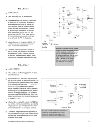 FALLA No. 2
Modelo: 25FC45
Falla: Brillo muy bajo en el cinescopio.
Pruebas realizadas: Se revisaron los voltajes
de polarización en el cinescopio: el voltaje que
alimenta a los amplificadores de video se en-
contró normal; el voltaje de filamentos estaba
correcto dado que éstos encendían. Finalmen-
te, se observó que el voltaje que va hacia las
rejillas aceleradoras tenía un valor muy bajo
(aproximadamente 500 V), por lo que se proce-
dió a revisar los componentes del circuito que
forma la fuente de 700 V reforzados.
Solución: Se encontró al capacitor C208 (0.1 F/
1.5 kV) marcando una resistencia óhmica ele-
vada. Se procedió a substituirlo.
Comentario : Este capacitor forma parte de un
filtro RC; cuando éste registra una resistencia
óhmica elevada, significa que existe una fuga;
en ese caso, tiende a consumir energía, provo-
cando que el voltaje a la salida del filtro baje.
FALLA No. 3
Modelo: 19EB12X
Falla: Anchura insuficiente y pérdida de la sin-
cronía horizontal.
Pruebas realizadas: Se revisó la polarización
que recibe el módulo de detección de fase y ex-
citación horizontal, y se encontró que el voltaje
en las terminales marcadas como excitación y
polarización horizontal se encontraba alterado,
pero el voltaje B+ (fuente de 146 V), que es la
alimentación principal de esta sección, estaba
correcto. Se apagó el televisor y se revisaron
las resistencias R230 y R229, ésta última mar-
caba una resistencia muy por encima de su va-
lor original (3.9 k ).
Solución: Se reemplazó la resistencia R229 por
una con las mismas características que la origi-
nal y se observó que inmediatamente entró la
sincronía horizontal y se corrigió la anchura.
Comentario: Se procedió a revisar primero la
sección de excitación, ya que la pérdida de sin-
cronía puede estar relacionada con una mala
excitación del fly-back.
50 FALLAS RESUELTAS Y COMENTADAS EN TELEVISORES ZENITH
Recuerde: Como esta sección maneja
voltajes con valores considerables, antes de
realizar cualquier medición, asegúrese
que sus instrumentos estén activados en
la escala correcta, con el fin de evitar
algún daño provocado por una des-
carga. Y recuerde que los multíme-
tros más modernos ya cuentan
con la función de autorango.
Recuerde: Cuando un televisor presente va-
rias fallas, es recomendable que elija trabajar
sólo con una de ellas; de esta manera, el pro-
cedimiento de localización será más fácil.
15
 