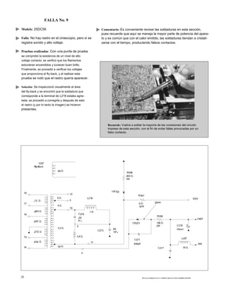 FALLA No. 9
Modelo: 25DC56
Falla: No hay rastro en el cinescopio, pero si se
registra sonido y alto voltaje.
Pruebas realizadas: Con una punta de prueba
se comprobó la existencia de un nivel de alto
voltaje correcto; se verificó que los filamentos
estuvieran encendidos y tuvieran buen brillo.
Finalmente, se procedió a verificar los voltajes
que proporciona el fly-back, y al realizar esta
prueba se notó que el rastro quería aparecer.
Solución: Se inspeccionó visualmente el área
del fly-back y se encontró que la soldadura que
corresponde a la terminal de L218 estaba agrie-
tada; se procedió a corregirla y después de esto
el rastro (y por lo tanto la imagen) se hicieron
presentes.
20
Comentario: Es conveniente revisar las soldaduras en esta sección,
pues recuerde que aquí se maneja la mayor parte de potencia del apara-
to y es común que con el calor emitido, las soldaduras tiendan a cristali-
zarse con el tiempo, produciendo falsos contactos.
Recuerde: Vuelva a soldar la mayoría de las conexiones del circuito
impreso de esta sección, con el fin de evitar fallas provocadas por un
falso contacto.
50 FALLAS RESUELTAS Y COMENTADAS EN TELEVISORES ZENITH
 