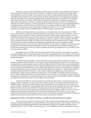 Além disso, as viagens aéreas diminuíram significativamente em 2003, como resultado do início da ação
militar dos Estados Unidos e de outros países no Iraque e a incidência de casos da síndrome respiratória aguda
severa (SARS) na Ásia e no Canadá. Como resposta a esses eventos, a partir do quarto trimestre de 2001, muitas
companhias aéreas, incluindo nossos maiores clientes na época, reduziram seus voos de longo prazo, anunciaram
demissões em grande escala e diversas companhias aéreas entraram com pedido de concordata. Como resultado,
concordamos em alterar, entre 2001 e 2004, alguns cronogramas de entrega para acompanhar as mudanças nos
negócios de nossos clientes e reduzimos as entregas de aeronaves regionais, jatos executivos e de transporte de
autoridades. Em 2004, reduzimos as entregas programadas de 160 para 145 aeronaves como resultado do pedido de
concordata (Capítulo 11 da lei de falências) da US Airways em setembro de 2004. Em 2003 e 2004, também
reavaliamos nossa exposição a risco, relacionada a avaliações de aeronaves e risco de crédito de clientes, que
resultaram em encargos à renda de US$40,6 milhões e US$16,0 milhões, respectivamente.

          Embora as economias americana e mundial tivessem mostrado alguns sinais de recuperação em 2004,
muitas empresas aéreas continuaram a enfrentar aumento da concorrência, custos de seguros crescentes, custos de
segurança crescentes, redução do crédito e problemas de liquidez e falência, além de, posteriormente, custos de
combustível significativamente mais altos. Por exemplo, em 5 de janeiro de 2010, a Mesa Air Group, Inc., ou Mesa,
um dos nossos clientes mais importantes, pediu concordata conforme o capítulo 11 da lei de falências. De 2000 a
2003, entregamos 36 aeronaves ERJ 145 à Mesa. Como resultado de nossas vendas de aeronaves a Mesa e com base
na nossa avaliação do risco do pedido de concordata desta companhia aérea em 31 de dezembro de 2009,
contabilizamos um encargo contra receita de US$ 103,0 milhões, dos quais US$ 74,4 milhões são representados por
uma garantia sob a forma de numerário depositado em juízo, em reconhecimento das perdas estimadas que nós
classificamos como prováveis no que diz respeito às garantias financeiras prorrogadas por nós com relação à venda
de nossas aeronaves à Mesa.

         No segundo semestre de 2007, as economias dos Estados Unidos e de muitos outros países começaram a
sofrer desacelerações que se caracterizaram, entre outros fatores, por instabilidade do valor de títulos e dos mercados
de capitais, instabilidade de moedas, forte redução da demanda, reduções acentuadas da disponibilidade de crédito e
pressão inflacionária.

          No segundo semestre de 2008, os efeitos adicionais de graves desacelerações econômicas em nossos
mercados incluíram reduções significativas das viagens aéreas e retração de gastos corporativos e com pessoal que,
consequentemente, causaram impacto negativo em nossas linhas de produtos. Outros impactos da desaceleração do
setor de transporte aéreo resultaram não só na redução dos pedidos de jatos executivos, mas também na diminuição
volume de financiamento disponível aos nossos clientes para aquisição de aeronaves, principalmente nos segmentos
de aviação comercial e executiva (consulte o "Item 4B. Informações sobre a Empresa — Visão Geral do Negócio —
Contratos de Financiamento de Aeronaves"). Uma retração contínua das condições gerais desfavoráveis da
economia pode resultar em maior redução das viagens aéreas e menos pedidos dos clientes de nossas aeronaves.
Nossos clientes também podem adiar ou cancelar compras de nossas aeronaves. No momento, não temos condições
de prognosticar a dimensão nem a duração do impacto que os acontecimentos acima referidos causarão no segmento
de aviação comercial como um todo e em nosso negócio especificamente.

          Em fevereiro de 2009, foi necessário demitir cerca de 20% dos funcionários, como parte do esforço de
adequar a posição da Embraer em vista da atual crise econômica global. O custo aproximado das demissões foi de
US$ 60,4 milhões. Além disso, também sofremos alguns cancelamentos de encomendas de aeronaves por nossos
clientes, incluindo o Grupo HNA, uma companhia aérea chinesa, que reduziu os pedidos firmes de aviões regionais
ERJ 145 de 50 para 25, dos quais 18 tinham sido entregue até 31 de março de 2010. Consulte “Item 3D — As
vendas de nossas aeronaves estão sujeitas a provisões de cancelamento que podem reduzir nossos fluxos de caixa”.
Não podemos garantir que não ocorrerão mais cancelamentos importantes no futuro ou que os nossos outros
negócios não serão afetados. Cancelamentos materiais, atrasos ou diminuição do número de aeronaves entregues em
qualquer ano futuro provavelmente reduziriam nossa receita e nossa carteira de pedidos.

Dependemos de clientes e fornecedores estratégicos e a perda destes pode prejudicar nosso negócio.

         Aeronaves Comerciais. Em 31 de março de 2010, toda a nossa carteira de pedidos firmes acumulados de
aeronaves da família de jatos ERJ 145 estavam atribuídos a uma companhia chinesa, o HNA Group. A aeronave será
montada pela nossa subsidiária Harbin Embraer Aircraft Industry Company Ltd., formada com Harbin Aircraft
Industry (Group) Co., Ltd. E o Hafei Aviation Industry Co., Ltd., subsidiárias da China Aviation Industry Corp. ou

                                                          12
744083.25-New York Server 6A                                                             MSW - Draft April 22, 2010 - 5:23 PM
 
