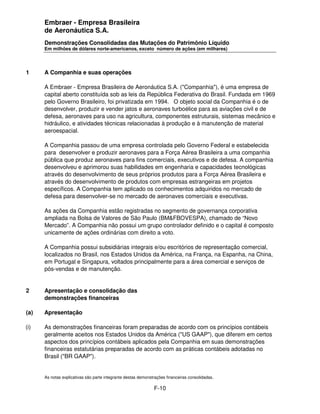 Embraer - Empresa Brasileira
      de Aeronáutica S.A.
      Demonstrações Consolidadas das Mutações do Patrimônio Líquido
      Em milhões de dólares norte-americanos, exceto número de ações (em milhares)




1     A Companhia e suas operações

      A Embraer - Empresa Brasileira de Aeronáutica S.A. ("Companhia"), é uma empresa de
      capital aberto constituída sob as leis da República Federativa do Brasil. Fundada em 1969
      pelo Governo Brasileiro, foi privatizada em 1994. O objeto social da Companhia é o de
      desenvolver, produzir e vender jatos e aeronaves turboélice para as aviações civil e de
      defesa, aeronaves para uso na agricultura, componentes estruturais, sistemas mecânico e
      hidráulico, e atividades técnicas relacionadas à produção e à manutenção de material
      aeroespacial.

      A Companhia passou de uma empresa controlada pelo Governo Federal e estabelecida
      para desenvolver e produzir aeronaves para a Força Aérea Brasileira a uma companhia
      pública que produz aeronaves para fins comerciais, executivos e de defesa. A companhia
      desenvolveu e aprimorou suas habilidades em engenharia e capacidades tecnológicas
      através do desenvolvimento de seus próprios produtos para a Força Aérea Brasileira e
      através do desenvolvimento de produtos com empresas estrangeiras em projetos
      específicos. A Companhia tem aplicado os conhecimentos adquiridos no mercado de
      defesa para desenvolver-se no mercado de aeronaves comerciais e executivas.

      As ações da Companhia estão registradas no segmento de governança corporativa
      ampliada na Bolsa de Valores de São Paulo (BM&FBOVESPA), chamado de “Novo
      Mercado”. A Companhia não possui um grupo controlador definido e o capital é composto
      unicamente de ações ordinárias com direito a voto.

      A Companhia possui subsidiárias integrais e/ou escritórios de representação comercial,
      localizados no Brasil, nos Estados Unidos da América, na França, na Espanha, na China,
      em Portugal e Singapura, voltados principalmente para a área comercial e serviços de
      pós-vendas e de manutenção.


2     Apresentação e consolidação das
      demonstrações financeiras

(a)   Apresentação

(i)   As demonstrações financeiras foram preparadas de acordo com os princípios contábeis
      geralmente aceitos nos Estados Unidos da América ("US GAAP"), que diferem em certos
      aspectos dos princípios contábeis aplicados pela Companhia em suas demonstrações
      financeiras estatutárias preparadas de acordo com as práticas contábeis adotadas no
      Brasil ("BR GAAP").


      As notas explicativas são parte integrante destas demonstrações financeiras consolidadas.

                                                               F-10
 