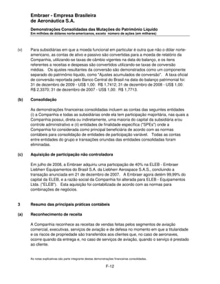 Embraer - Empresa Brasileira
      de Aeronáutica S.A.
      Demonstrações Consolidadas das Mutações do Patrimônio Líquido
      Em milhões de dólares norte-americanos, exceto número de ações (em milhares)




(v)   Para subsidiárias em que a moeda funcional em particular é outra que não o dólar norte-
      americano, as contas de ativo e passivo são convertidas para a moeda de relatório da
      Companhia, utilizando-se taxas de câmbio vigentes na data do balanço, e os itens
      referentes a receitas e despesas são convertidos utilizando-se taxas de conversão
      médias. Os ajustes resultantes da conversão são demonstrados como um componente
      separado do patrimônio líquido, como "Ajustes acumulados de conversão". A taxa oficial
      de conversão reportada pelo Banco Central do Brasil na data do balanço patrimonial foi:
      31 de dezembro de 2009 - US$ 1,00: R$ 1,7412; 31 de dezembro de 2008 - US$ 1,00:
      R$ 2,3370; 31 de dezembro de 2007 - US$ 1,00: R$ 1,7713.

(b)   Consolidação

      As demonstrações financeiras consolidadas incluem as contas das seguintes entidades
      (i) a Companhia e todas as subsidiárias onde ela tem participação majoritária, nas quais a
      Companhia possui, direta ou indiretamente, uma maioria do capital da subsidiária e/ou
      controle administrativo e (ii) entidades de finalidade específica ("SPEs") onde a
      Companhia foi considerada como principal beneficiária de acordo com as normas
      contábeis para consolidação de entidades de participação variável. Todas as contas
      entre entidades do grupo e transações oriundas das entidades consolidadas foram
      eliminadas.

(c)   Aquisição de participação não controladora

      Em julho de 2008, a Embraer adquiriu uma participação de 40% na ELEB - Embraer
      Liebherr Equipamentos do Brasil S.A. da Liebherr Aerospace S.A.S., concluindo a
      transação anunciada em 21 de dezembro de 2007. A Embraer agora detém 99,99% do
      capital da ELEB, e a razão social da Companhia foi alterada para ELEB - Equipamentos
      Ltda. ("ELEB"). Esta aquisição foi contabilizada de acordo com as normas para
      combinações de negócios.


3     Resumo das principais práticas contábeis

(a)   Reconhecimento de receita

      A Companhia reconhece as receitas de vendas feitas pelos segmentos de aviação
      comercial, executivas, serviços de aviação e de defesa no momento em que a titularidade
      e os riscos de propriedade são transferidos aos clientes que, no caso de aeronaves,
      ocorre quando da entrega e, no caso de serviços de aviação, quando o serviço é prestado
      ao cliente.


      As notas explicativas são parte integrante destas demonstrações financeiras consolidadas.

                                                               F-12
 