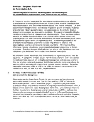 Embraer - Empresa Brasileira
      de Aeronáutica S.A.
      Demonstrações Consolidadas das Mutações do Patrimônio Líquido
      Em milhões de dólares norte-americanos, exceto número de ações (em milhares)




      A Companhia monitora o desgaste das aeronaves sob arrendamentos operacionais
      quando eventos ou mudanças circunstanciais indicam que os fluxos de caixa esperados
      não descontados do ativo possam ser menores do que seus valores contábeis. Um ativo
      sob arrendamento operacional é considerado desgastado quando eventos ou mudanças
      circunstanciais indicam que os fluxos de caixa esperados não descontados do ativo
      possam ser menores do que seus valores contábeis. Diversas premissas são utilizadas
      na determinação do fluxo de caixa esperado não descontado. Essas premissas incluem
      as taxas e o período de arrendamento, o período que o ativo deve ser mantido em
      preparação para um novo contrato de arrendamento, os custos de manutenção, os custos
      de recomercialização e a vida útil esperada do ativo. A determinação das taxas de
      arrendamento estimadas é geralmente baseada em publicações externas e na
      observação de aeronaves similares no mercado secundário. A Companhia utiliza
      informação histórica e tendências econômicas atualizadas para determinar as demais
      premissas. Quando o desgaste é indicado para um ativo, o valor da despesa com esse
      desgaste é igual à diferença entre o saldo contabilizado e o valor justo.

      As aeronaves usadas disponíveis para arrendamento são registradas por seu valor de
      aquisição. A Companhia compara o custo individual das aeronaves com o seu valor de
      mercado estimado, baseado em avaliações estimadas para o custo de cada aeronave
      feita por terceiros, registrando quaisquer deficiências resultantes como uma redução do
      valor contábil da aeronave sob a categoria de custo de vendas e serviços. As perdas
      registradas totalizaram US$ 8,3, US$ 28,1 e US$ 6,8 nos exercícios findos em 31 de
      dezembro de 2009, de 2008 e de 2007, respectivamente.

(i)   Contas a receber vinculadas e dívidas
      com e sem direito de regresso

      Algumas transações de venda da Companhia são compostas por financiamentos
      estruturados através dos quais uma "Specific Purpose Entity - SPE" ("Entidade de
      Finalidade Específica") compra a aeronave, paga à Companhia o preço de compra,
      quando da entrega ou quando da conclusão da preparação do financiamento da venda, e
      depois arrenda a aeronave objeto da compra ao cliente final. Uma instituição financeira
      facilita o financiamento da compra da aeronave através de uma SPE, e parte do risco
      desse crédito permanece com essa instituição financeira. A Companhia deve prover
      garantias financeiras e/ou garantias com valor residual em favor da instituição financeira,
      assim como deve agir como o participante acionário em tal processo de estruturação
      financeira.




      As notas explicativas são parte integrante destas demonstrações financeiras consolidadas.

                                                               F-18
 