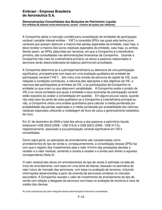 Embraer - Empresa Brasileira
de Aeronáutica S.A.
Demonstrações Consolidadas das Mutações do Patrimônio Líquido
Em milhões de dólares norte-americanos, exceto número de ações (em milhares)




A Companhia adota a instrução contábil para consolidação de entidades de participação
variável (variable interest entities - "VIE") e consolida SPEs nas quais esta tenha juros
variáveis que possam absorver a maioria das perdas esperadas da entidade, caso haja, e
deve receber a maioria dos lucros residuais esperados da entidade, caso haja, ou ambos.
Sendo assim, as SPEs adquiridas por terceiros, em que a Companhia é a beneficiária
primária, são consolidadas nas demonstrações financeiras da Companhia. Quando a
Companhia não mais for a beneficiária primária, os ativos e passivos relacionados à
aeronave serão desconsiderados do balanço patrimonial consolidado.

A Companhia determina se é a principal beneficiária ou detentora de uma participação
significativa, principalmente com base em uma avaliação qualitativa da entidade de
participação variável (”VIE”). Isto inclui uma revisão da estrutura de capital da VIE, suas
relações e condições contratuais, a natureza das operações e dos objetivos da VIE, a
natureza das participações já emitidas da VIE, e as participações da Companhia na
entidade ou que criam ou que absorvem variabilidade. A Companhia avalia o projeto da
VIE e os riscos correlatos aos quais a entidade e seus acionistas de participação variável
estão expostos ao avaliar a consolidação em questão. Em alguns poucos casos, quando
não está claro do ponto de vista qualitativo se a Companhia é a beneficiária principal ou
não, a Companhia utiliza uma análise quantitativa para calcular a média ponderada por
probabilidade das perdas esperadas e a média ponderada por probabilidade dos retornos
residuais esperados utilizando a modelagem de fluxo de caixa e gerenciamento estatístico
de risco.

Em 31 de dezembro de 2009 o total dos ativos e dos passivos e patrimônio líquido
totalizaram US$ 329,9 (2008 - US$ 318,9) e US$ 328,5 (2008 - US$ 317,5),
respectivamente, associado à sua participação variável significativa em VIE's
consolidadas.

Como regra geral, as operações de arrendamento são caracterizadas como
arrendamentos do tipo de venda e, consequentemente, a consolidação dessas SPEs faz
com que o registro dos investimentos seja o valor mínimo das prestações devidas a
receber e o valor residual, contendo a receita a receber e a dívida sem direito a regresso
correspondente (Nota 9).

O valor residual dos ativos em arrendamentos do tipo de venda é estimado na data de
início do arrendamento, com base em uma série de fatores, baseado na estimativa de
valor futuro de mercado das aeronaves, com base na avaliação de terceiros, incluindo
informações desenvolvidas a partir da revenda de aeronaves similares no mercado
secundário. A Companhia reavalia o valor de investimento de arrendamento do tipo de
venda com relação a desgaste da aeronave com base na avaliação de terceiros e risco de
crédito dos clientes.

As notas explicativas são parte integrante destas demonstrações financeiras consolidadas.

                                                         F-19
 