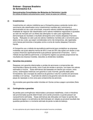 Embraer - Empresa Brasileira
      de Aeronáutica S.A.
      Demonstrações Consolidadas das Mutações do Patrimônio Líquido
      Em milhões de dólares norte-americanos, exceto número de ações (em milhares)




(l)   Investimentos

      Investimentos em valores mobiliários que a Companhia possa e pretenda manter até o
      vencimento são classificados como investimentos mantidos até o vencimento e
      demonstrados ao seu custo amortizado, enquanto valores mobiliários adquiridos com a
      finalidade de negociar são classificados como valores mobiliários negociáveis e ajustados
      ao valor de mercado com os efeitos das alterações no valor justo registradas na
      demonstração do resultado e resultado abrangente como receita (despesa) financeira
      líquida. Reduções no valor justo de valores mobiliários mantidos até o vencimento para
      abaixo do seu custo, que sejam consideradas como não temporárias, são registradas
      como baixas permanentes e lançadas contra a conta de receita (despesa) financeira
      líquida.

      A Companhia usa o método de equivalência patrimonial para contabilizar as empresas
      investidas nas quais detenha menos de 50% e mais de 20% das ações com direito a voto
      e possa influenciar significativamente suas políticas operacional e financeira. Com o
      método de equivalência patrimonial, a Companhia registra sua parcela proporcional nos
      resultados da empresa investida, reduzidos os dividendos recebidos.

(m)   Garantias dos produtos

      Despesas com garantia relacionadas a vendas de aeronaves e componentes são
      reconhecidas à época da venda, como Custo de vendas e serviços, com base nos valores
      estimados a incorrer. Estas estimativas são baseadas em fatores que incluem, entre
      outros, reclamações históricas com garantia e custo incorrido, garantia dada pelos
      fornecedores, tipo e duração da cobertura da garantia e volume e carteira de aeronaves
      vendidas e em serviço. O período de cobertura da garantia varia de dois anos para
      peças de reposição a cinco anos para componentes da aeronave.

      As provisões para garantias estão incluídas em Outras contas a pagar e provisões (Nota
      15).

(n)   Contingências e garantias

      As perdas para contingências relacionadas a processos trabalhistas, cíveis e tributários
      são provisionadas quando determinado como sendo prováveis e quando possam ser
      razoavelmente estimadas. Essas estimativas são efetuadas com base na opinião dos
      assessores legais e na estimativa da Administração em relação ao provável resultado das
      questões pendentes e o montante estimado de perda na data do balanço.



      As notas explicativas são parte integrante destas demonstrações financeiras consolidadas.

                                                               F-21
 