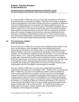Embraer - Empresa Brasileira
      de Aeronáutica S.A.
      Demonstrações Consolidadas das Mutações do Patrimônio Líquido
      Em milhões de dólares norte-americanos, exceto número de ações (em milhares)




      Em março de 2008, o FASB emitiu uma nova norma sobre divulgação de instrumentos
      financeiros derivativos e atividades de hedging. Esta nova norma amplia as exigências
      atuais de divulgação para instrumentos financeiros derivativos e atividades de hedging, de
      forma que entidades agora têm que apresentar informações qualitativas quanto aos
      objetivos e estratégias relativos ao uso de derivativos, informações quantitativas sobre os
      ganhos e perdas com os instrumentos financeiros derivativos e informações trimestrais
      sobre aspectos contingenciais relativos ao risco de crédito em contratos de derivativos,
      sobre como e porque a entidade utiliza derivativos, como são contabilizados itens de
      derivativos e os hedges correspondentes de acordo com a norma e como derivativos e
      itens relacionados a hedge afetam a posição financeira, desempenho e fluxo de caixa da
      entidade. As informações exigidas estão apresentadas na Nota 32.

(b)   Pronunciamentos contábeis
      ainda não adotados

      Em janeiro de 2010, o FASB emitiu uma nova norma contábil para determinação de valor
      justo e as informações a serem divulgadas. Esta norma contábil proporcionará
      apresentação de informações mais robustas sobre (1) as diferentes classes de ativos e
      passivos medidos a valor justo, (2) as técnicas de valorização e fontes de informação
      utilizadas, (3) o movimento em medições de valor justo de Nível 3, e (4) as transferências
      entre os Níveis 1, 2 e 3. Esta norma contábil vigora para períodos parciais e anuais
      iniciados após 15 de dezembro de 2009, exceto a exigência de informar a atividade de
      Nível 3 em valores brutos, que entrará em vigor para períodos anuais que comecem após
      15 de dezembro de 2010, e para períodos parciais dentro daqueles exercícios. A
      Companhia não acredita que a adoção desta norma tenha um impacto relevante sobre
      nossa posição financeira consolidada ou demonstração de resultados.

      Em junho de 2009, a FASB emitiu uma nova norma contábil sobre as exigências
      contábeis e de informação para a consolidação “VIEs". Posteriormente, em dezembro de
      2009, a FASB emitiu uma nova norma contábil que substitui o cálculo quantitativo de
      riscos e prêmios para determinar a entidade, se houver, que tenha uma participação
      financeira controladora numa entidade de participação variável focando em identificar a
      entidade que tem o poder de influenciar as atividades de uma entidade de participação
      variável de forma que traga o impacto mais significativo sobre os resultados econômicos
      da entidade e (1) a obrigação de absorver os prejuízos da entidade ou (2) o direito de
      receber benefícios da entidade. Esta nova norma contábil vigora para períodos anuais e
      parciais iniciados após 15 de novembro de 2009. A Companhia não acredita que a
      adoção desta norma traga um impacto relevante sobre nossa posição financeira
      consolidada ou demonstração de resultados.


      As notas explicativas são parte integrante destas demonstrações financeiras consolidadas.

                                                               F-27
 