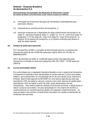 Embraer - Empresa Brasileira
      de Aeronáutica S.A.
      Demonstrações Consolidadas das Mutações do Patrimônio Líquido
      Em milhões de dólares norte-americanos, exceto número de ações (em milhares)




      (v)    interrupção de fornecimento de peças de manutenção e sobressalentes para
             aeronaves militares;

      (vi)   transferência do controle acionário da Companhia; e

      (vii) eventuais mudanças de (i) disposições do artigo anteriormente mencionado ou do
            artigo 4º; cláusula principal do artigo 11; artigos 12, 15 e 16; inciso III do artigo 19;
            parágrafos 1º e 2º do artigo 28; inciso X do artigo 34; inciso XII do artigo 40; ou
            Capítulo VII do estatuto da Companhia, ou (ii) direitos conferidos pelo estatuto à
            ação de classe especial.

(b)   Compra de ações para tesouraria

      Em 7 de dezembro de 2007, o conselho de Administração aprovou um programa de
      recompra de ações de até 16.800.000 ações para vigorar dentro de 120 dias na
      BM&FBOVESPA.

      Até 31 de dezembro de 2008, as 16.800.000 ações haviam sido adquiridas pela
      Companhia e mantidas em tesouraria totalizando US$ 183,7 (2007 - 70.000 ações por
      US$ 0,8).

(c)   Lucros acumulados retidos

      Em conformidade com a Legislação Societária Brasileira e com o estatuto da Companhia,
      a Companhia é solicitada a fazer apropriações em certas reservas ("Lucros acumulados
      retidos"), que compreendem (a) uma alocação de 5% do lucro líquido anual, atribuível à
      Embraer, determinado segundo as BR GAAP em uma reserva legal até que esta seja
      equivalente a 20% do capital ou até que a reserva mais outras reservas de capital sejam
      equivalentes a 30% do capital; a partir de então, essas apropriações não são
      compulsórias. Essa reserva pode ser utilizada somente para aumentar o capital social ou
      reduzir o prejuízo acumulado; e (b) para apropriação em uma reserva de incentivo a
      investimentos de um montante igual aos gastos com pesquisa e desenvolvimento. As
      reservas legais e de incentivo a investimentos não podem ser usadas na distribuição de
      dividendos aos acionistas.




      As notas explicativas são parte integrante destas demonstrações financeiras consolidadas.

                                                               F-58
 