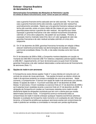 Embraer - Empresa Brasileira
      de Aeronáutica S.A.
      Demonstrações Consolidadas das Mutações do Patrimônio Líquido
      Em milhões de dólares norte-americanos, exceto número de ações (em milhares)




           caso a garantia financeira tenha caducado sem ter sido exercida. Por outro lado,
           caso a garantia financeira tenha sido exercida, a garantia de valor residual fica
           automaticamente cancelada. Depois que uma garantia financeira caduque sem que
           tenha sido exercida, existe um prazo médio de três meses em que uma parte
           garantida possa exercer a garantia de valor residual. Isto significa que nossa
           exposição a garantias financeiras e de valor residual mutuamente excludentes
           cobrindo um único ativo subjacente, não podem ser acumuladas. Portanto, a
           exposição máxima mostrada nesta linha não é um valor agregado do valor das
           garantias financeiras e de valor residual somadas cobrindo um único ativo
           subjacente.

      (ii) Em 31 de dezembro de 2009, garantias financeiras fornecidas em relação à Mesa
           estavam totalmente provisionadas nas demonstrações de resultado e balanço
           patrimonial consolidado (Notas 15 e 29), e não estão incluídas como item fora do
           balanço.

      Em 31 de dezembro de 2009 e 2008, a Companhia manteve depósitos em caução no
      montante de US$ 309,9 (incluindo US$ 74,4 relativos a depósitos judiciais ligados à Mesa)
      e US$ 299,7, respectivamente, em favor de terceiros para os quais foram fornecidas
      garantias financeiras e de valor residual relacionadas a certas estruturas de financiamento
      de aeronaves (Nota 11).

(b)   Opções de trade-in com aeronaves

      A Companhia às vezes oferece opções “trade in” a seus clientes em conjunto com um
      contrato de compra de novas aeronaves. Tais opções fornecem ao cliente o direito de
      trade-in da aeronave existente na compra e aceitação de uma nova aeronave. Neste
      momento, a Companhia tem 15 termos com opção de trade-in de aeronaves com clientes.
      Destas 15 opções de trade-in, 12 já foram exercidas até 31 de dezembro de 2008.
      Destas 12 aeronaves, 4 foram recebidas no exercício findo em 31 de dezembro de 2008 e
      as 8 restantes foram recebidas durante o exercício findo em 31 de dezembro de 2009. A
      obrigação da Companhia em receber as 3 aeronaves restantes como trade-ins está
      diretamente ligada às obrigações contratuais que tem com o cliente para que receba
      determinadas aeronaves novas. A Companhia continua monitorando todos os
      compromissos de trade-in visando antecipar quaisquer impactos econômicos adversos.
      Baseado na avaliação da Companhia neste momento e em avaliações de valor feitas por
      terceiros, a Companhia acredita que quaisquer aeronaves aceitas sob compromissos de
      trade-in poderão ser vendidas ou arrendadas no mercado sem perdas significativas.




      As notas explicativas são parte integrante destas demonstrações financeiras consolidadas.

                                                               F-81
 