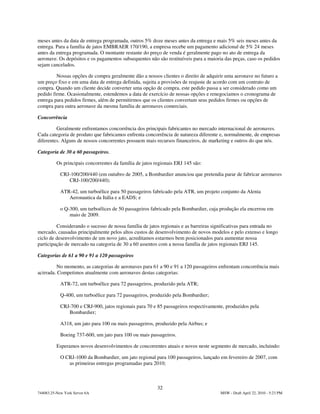 meses antes da data de entrega programada, outros 5% doze meses antes da entrega e mais 5% seis meses antes da
entrega. Para a família de jatos EMBRAER 170/190, a empresa recebe um pagamento adicional de 5% 24 meses
antes da entrega programada. O montante restante do preço de venda é geralmente pago no ato de entrega da
aeronave. Os depósitos e os pagamentos subsequentes não são restituíveis para a maioria das peças, caso os pedidos
sejam cancelados.

         Nossas opções de compra geralmente dão a nossos clientes o direito de adquirir uma aeronave no futuro a
um preço fixo e em uma data de entrega definida, sujeita a provisões de reajuste de acordo com um contrato de
compra. Quando um cliente decide converter uma opção de compra, este pedido passa a ser considerado como um
pedido firme. Ocasionalmente, estendemos a data de exercício de nossas opções e renegociamos o cronograma de
entrega para pedidos firmes, além de permitirmos que os clientes convertam seus pedidos firmes ou opções de
compra para outra aeronave da mesma família de aeronaves comerciais.

Concorrência

         Geralmente enfrentamos concorrência dos principais fabricantes no mercado internacional de aeronaves.
Cada categoria de produto que fabricamos enfrenta concorrência de natureza diferente e, normalmente, de empresas
diferentes. Alguns de nossos concorrentes possuem mais recursos financeiros, de marketing e outros do que nós.

Categoria de 30 a 60 passageiros.

          Os principais concorrentes da família de jatos regionais ERJ 145 são:

            CRJ-100/200/440 (em outubro de 2005, a Bombardier anunciou que pretendia parar de fabricar aeronaves
               CRJ-100/200/440);

            ATR-42, um turboélice para 50 passageiros fabricado pela ATR, um projeto conjunto da Alenia
               Aeronautica da Itália e a EADS; e

            o Q-300, um turboélices de 50 passageiros fabricado pela Bombardier, cuja produção ela encerrou em
                maio de 2009.

         Considerando o sucesso de nossa família de jatos regionais e as barreiras significativas para entrada no
mercado, causadas principalmente pelos altos custos de desenvolvimento de novos modelos e pelo extenso e longo
ciclo de desenvolvimento de um novo jato, acreditamos estarmos bem posicionados para aumentar nossa
participação de mercado na categoria de 30 a 60 assentos com a nossa família de jatos regionais ERJ 145.

Categorias de 61 a 90 e 91 a 120 passageiros

         No momento, as categorias de aeronaves para 61 a 90 e 91 a 120 passageiros enfrentam concorrência mais
acirrada. Competimos atualmente com aeronaves destas categorias:

            ATR-72, um turboélice para 72 passageiros, produzido pela ATR;

            Q-400, um turboélice para 72 passageiros, produzido pela Bombardier;

            CRJ-700 e CRJ-900, jatos regionais para 70 e 85 passageiros respectivamente, produzidos pela
               Bombardier;

            A318, um jato para 100 ou mais passageiros, produzido pela Airbus; e

            Boeing 737-600, um jato para 100 ou mais passageiros.

          Esperamos novos desenvolvimentos de concorrentes atuais e novos neste segmento de mercado, incluindo:

            O CRJ-1000 da Bombardier, um jato regional para 100 passageiros, lançado em fevereiro de 2007, com
               as primeiras entregas programadas para 2010;



                                                          32
744083.25-New York Server 6A                                                          MSW - Draft April 22, 2010 - 5:23 PM
 