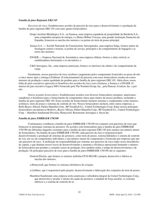 Família de jatos Regionais ERJ 145

         Parceiros de risco. Estabelecemos acordos de parceria de risco para o desenvolvimento e a produção da
família de jatos regionais ERJ 145 com estes quatro fornecedores:

            Grupo Auxiliar Metalúrgico S.A., ou Gamesa, uma empresa espanhola de propriedade da Iberdrola S.A.,
                uma companhia europeia de energia, e o Banco Bilbao Vizcaya, uma grande instituição financeira da
                Espanha, fornecem as nacelas dos motores e as portas do trem de pouso principal.

            Sonaca S.A. — Société Nationale de Constructions Aérospatiales, uma empresa belga, fornece partes da
                fuselagem central e traseira, as portas de serviço, principais e do compartimento de bagagem e as
                torres dos motores;

            ENAER — Empresa Nacional de Aeronáutica, uma empresa chilena, fornece a aleta vertical, os
               estabilizadores horizontais e os elevadores; e

            C&D Aerospace, Inc., uma empresa americana, fornece os interiores da cabine e do compartimento de
               carga.

          Geralmente, nossos parceiros de risco recebem o pagamento pelos componentes fornecidos no prazo de três
a cinco meses após a entrega à Embraer. O relacionamento de parceria com esses fornecedores resulta em custos
menores de produção e maior qualidade do produto para a família de jatos regionais ERJ 145. Além disso, nossa
linha de jatos executivos aproveita os benefícios dos acordos de risco com a Gamesa, a Sonaca e a ENAER. O
interior do jato executivo Legacy 600 é fornecido pela The Nordam Group, Inc., pela Duncan Aviation, Inc. e por
nós.

         Outros grandes fornecedores. Estabelecemos acordos com diversos fornecedores europeus, americanos,
canadenses e brasileiros para o fornecimento de componentes chave para muitos de nossos produtos, incluindo a
família de jatos regionais ERJ 145. Esses acordos de fornecimento incluem sistemas e componentes como motores,
aviônicos, trens de pouso e sistemas de controle de vôo. Nossos fornecedores incluem, entre outras empresas, a
Rolls-Royce Allison, Parker Hannifin Corp., BF Goodrich Co., United Technologies Corp. Entre nossos principais
fornecedores encontram-se Rollst>_;Royce Allison, Parker Hannifin Corp., BF Goodrich Co., United Technologies
Corp. – Hamilton Sundstrand Division, Honeywell, Rosemount Aerospace e Alcoa Inc.

Família de jatos EMBRAER 170/190

         Continuamos a melhorar a família de jatos EMBRAER 170/190 em conjunto com parceiros de risco que
fornecem os principais sistemas da aeronave. Os acordos com fornecedores para a família de jatos EMBRAER
170/190 são diferentes daqueles existentes para a família de jatos regionais ERJ 145 pois usamos um número menor
de fornecedores. Na família de jatos EMBRAER 170/190, cada parceiro de risco é responsável pelo
desenvolvimento e produção de sistemas da aeronave, como trem de pouso, sistema hidráulico e sistema de controle
de voo, em vez de componentes individuais, e um número menor de componentes é fornecido por empresas que não
são parceiros de risco. A atribuição da responsabilidade por sistemas aos parceiros de risco reduz nosso desembolso
de capital, o que diminui nossos riscos de desenvolvimento e aumenta a eficiência operacional limitando o número
de fornecedores por produto e cortando custos de produção. Isso também reduz o tempo de desenvolvimento e de
produção. Os principais parceiros de risco para a família de jatos EMBRAER 170/190 são os seguintes:

            General Electric, que fornece os motores turbofan CF34-8E/10E e projeta, desenvolve e fabrica as
               nacelas dos motores;

            a Honeywell, que fornece os sistemas eletrônicos de aviação;

            a Liebherr, que é responsável pelo projeto, desenvolvimento e fabricação dos conjuntos de trem de pouso;

            Hamilton Sundstrand, uma empresa norte-americana e subsidiária integral da United Technologies Corp.,
               que desenvolve e produz o núcleo da cauda da aeronave, a unidade de força auxiliar, os sistemas
               elétricos e o sistema de controle de ar;


                                                         41
744083.25-New York Server 6A                                                           MSW - Draft April 22, 2010 - 5:23 PM
 