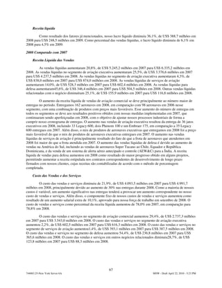 Receita líquida

        Como resultado dos fatores já mencionados, nosso lucro líquido diminuiu 36,1%, de US$ 388,7 milhões em
2008 para US$ 248,5 milhões em 2009. Como percentual das vendas líquidas, o lucro líquido diminuiu de 6,1% em
2008 para 4,5% em 2009.

2008 Comparado com 2007

     Receita Líquida das Vendas

         As vendas líquidas aumentaram 20,8%, de US$ 5.245,2 milhões em 2007 para US$ 6.335,2 milhões em
2008. As vendas líquidas no segmento de aviação executiva aumentaram 25,5%, de US$ 3.376,6 milhões em 2007
para US$ 4.237,5 milhões em 2008. As vendas líquidas no segmento de aviação executiva aumentaram 4,3%, de
US$ 838,0 milhões em 2007 para US$ 874,0 milhões em 2008. As vendas líquidas de serviços de aviação
aumentaram 14,0%, de US$ 528,3 milhões em 2007 para US$ 602,4 milhões em 2008. As vendas líquidas para
defesa aumentaram45,6%, de US$ 346,4 milhões em 2007 para US$ 504,5 milhões em 2008. Outras vendas líquidas
relacionadas com o negócio diminuíram 25,1%, de US$ 155,9 milhões em 2007 para US$ 116,8 milhões em 2008.

         O aumento da receita líquida de vendas de aviação comercial se deve principalmente ao número maior de
entregas no período. Entregamos 162 aeronaves em 2008, em comparação com 98 aeronaves em 2006 nesse
segmento, com uma combinação de produtos com preços mais favoráveis. Esse aumento do número de entregas em
todos os segmentos se deve aos resultados positivos obtidos com nossas medidas implementadas em 2007, que
continuaram sendo aperfeiçoadas em 2008, com o objetivo de ajustar nossos processos industriais de forma a
cumprir nosso cronograma de entregas. O aumento nas vendas de aviação executiva resultou da entrega de 36 jatos
executivos em 2008, incluindo 33 Legacy 600, dois Phenom 100 e um Embraer 175, em comparação a 35 Legacy
600 entregues em 2007. Além disso, o mix de produtos de aeronaves executivas que entregamos em 2008 foi a preço
mais favorável do que o mix de produtos de aeronaves executivas entregues em 2007. O aumento nas vendas
líquidas de serviços de aviação é principalmente resultado do fato de que a frota de aeronaves que atendemos em
2008 foi maior do que a frota atendida em 2007. O aumento das vendas líquidas de defesa é devido ao aumento de
vendas na América do Sul, incluindo as vendas de aeronaves Super Tucano ao Chile, Equador e República
Dominicana, e da venda de um sistema de alerta aéreo antecipado e controle (AEW&C) para a Índia. A receita
líquida de vendas para defesa aumentou em 2008 como resultado do maior progresso obtido em alguns projetos,
permitindo aumentar a receita estipulada nos contratos correspondentes de desenvolvimento de longo prazo
firmados com nossos clientes, cujas receitas são contabilizadas de acordo com o método de porcentagem
completada.

     Custo das Vendas e dos Serviços

         O custo das vendas e serviços diminuiu de 21,9%, de US$ 4.093,5 milhões em 2007 para US$ 4.991,7
milhões em 2008, principalmente devido ao aumento de 30% nas entregas durante 2008. Como a maioria de nossos
custos é variável, um aumento significativo nas entregas tenderá a provocar um aumento correspondente no nosso
custo de vendas e serviços. Além disso, o componente fixo de nossos custos de vendas e serviços aumentou como
resultado de um aumento salarial extra de 10,1%, aprovado para nossa força de trabalho em setembro de 2008. O
custo de vendas e serviços como percentual da receita líquida aumentou de 78,0% em 2007, em comparação para
78,8% em 2008.

         O custo das vendas e serviços no segmento de aviação comercial aumentou 29,4%, de US$ 2.737,3 milhões
em 2007 para US$ 3.543,0 milhões em 2008. O custo das vendas e serviços no segmento de aviação executiva
aumentou 2,2%, de US$ 602,5 milhões em 2007 para US$ 616,3 milhões em 2008. O custo das vendas e serviços no
segmento de serviços de aviação aumentou1,4%, de US$ 393,1 milhões em 2007 para US$ 387,5 milhões em 2008.
O custo das vendas e serviços no segmento de defesa aumentou 54,4%, de US$ 236,8 milhões em 2007 para US$
365,6 milhões em 2008. O custo das vendas e serviços em outros negócios relacionados diminuiu28,7%, de US$
123,8 milhões em 2007 para US$ 88,3 milhões em 2008.




                                                      67
744083.25-New York Server 6A                                                       MSW - Draft April 22, 2010 - 5:23 PM
 