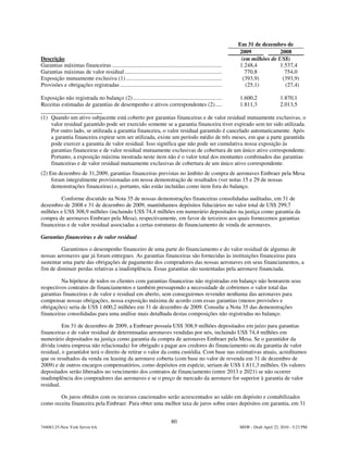 Em 31 de dezembro de
                                                                                                              2009            2008
Descrição                                                                                                      (em milhões de US$)
Garantias máximas financeiras .............................................................................   1.248,4         1.537,4
Garantias máximas de valor residual ....................................................................         770,8          754,0
Exposição mutuamente exclusiva (1) ...................................................................          (393,9)        (393,9)
Provisões e obrigações registradas .......................................................................       (25,1)         (27,4)

Exposição não registrada no balanço (2) ..............................................................        1.600,2              1.870,1
Receitas estimadas de garantias de desempenho e ativos correspondentes (2).....                               1.811,3              2.013,5

(1) Quando um ativo subjacente está coberto por garantias financeiras e de valor residual mutuamente exclusivas, o
    valor residual garantido pode ser exercido somente se a garantia financeira tiver expirado sem ter sido utilizada.
    Por outro lado, se utilizada a garantia financeira, o valor residual garantido é cancelado automaticamente. Após
    a garantia financeira expirar sem ser utilizada, existe um período médio de três meses, em que a parte garantida
    pode exercer a garantia de valor residual. Isso significa que não pode ser cumulativa nossa exposição às
    garantias financeiras e de valor residual mutuamente exclusivas de cobertura de um único ativo correspondente.
    Portanto, a exposição máxima mostrada neste item não é o valor total dos montantes combinados das garantias
    financeiras e de valor residual mutuamente exclusivas de cobertura de um único ativo correspondente.
(2) Em dezembro de 31,2009, garantias financeiras previstas no âmbito de compra de aeronaves Embraer pela Mesa
     foram integralmente provisionadas em nossa demonstração de resultados (ver notas 15 e 29 de nossas
     demonstrações financeiras) e, portanto, não estão incluídas como item fora do balanço.

         Conforme discutido na Nota 35 de nossas demonstrações financeiras consolidadas auditadas, em 31 de
dezembro de 2008 e 31 de dezembro de 2009, mantínhamos depósitos fiduciários no valor total de US$ 299,7
milhões e US$ 308,9 milhões (incluindo US$ 74,4 milhões em numerário depositados na justiça como garantia da
compra de aeronaves Embraer pela Mesa), respectivamente, em favor de terceiros aos quais fornecemos garantias
financeiras e de valor residual associadas a certas estruturas de financiamento de venda de aeronaves.

Garantias financeiras e de valor residual

         Garantimos o desempenho financeiro de uma parte do financiamento e do valor residual de algumas de
nossas aeronaves que já foram entregues. As garantias financeiras são fornecidas às instituições financeiras para
sustentar uma parte das obrigações de pagamento dos compradores das nossas aeronaves em seus financiamentos, a
fim de diminuir perdas relativas a inadimplência. Essas garantias são sustentadas pela aeronave financiada.

         Na hipótese de todos os clientes com garantias financeiras não registradas em balanço não honrarem seus
respectivos contratos de financiamentos e também pressupondo a necessidade de cobrirmos o valor total das
garantias financeiras e de valor e residual em aberto, sem conseguirmos revender nenhuma das aeronaves para
compensar nossas obrigações, nossa exposição máxima de acordo com essas garantias (menos provisões e
obrigações) seria de US$ 1.600,2 milhões em 31 de dezembro de 2009. Consulte a Nota 35 das demonstrações
financeiras consolidadas para uma análise mais detalhada destas composições não registradas no balanço.

          Em 31 de dezembro de 2009, a Embraer possuía US$ 308,9 milhões depositados em juízo para garantias
financeiras e de valor residual de determinadas aeronaves vendidas por nós, incluindo US$ 74,4 milhões em
numerário depositados na justiça como garantia da compra de aeronaves Embraer pela Mesa. Se o garantidor da
dívida (outra empresa não relacionada) for obrigado a pagar aos credores do financiamento ou da garantia de valor
residual, o garantidor terá o direito de retirar o valor da conta custódia. Com base nas estimativas atuais, acreditamos
que os resultados da venda ou leasing da aeronave coberta (com base no valor de revenda em 31 de dezembro de
2009) e de outros encargos compensatórios, como depósitos em espécie, seriam de US$ 1.811,3 milhões. Os valores
depositados serão liberados no vencimento dos contratos de financiamento (entre 2013 e 2021) se não ocorrer
inadimplência dos compradores das aeronaves e se o preço de mercado da aeronave for superior à garantia de valor
residual.

        Os juros obtidos com os recursos caucionados serão acrescentados ao saldo em depósito e contabilizados
como receita financeira pela Embraer. Para obter uma melhor taxa de juros sobre estes depósitos em garantia, em 31


                                                                            80
744083.25-New York Server 6A                                                                                  MSW - Draft April 22, 2010 - 5:23 PM
 