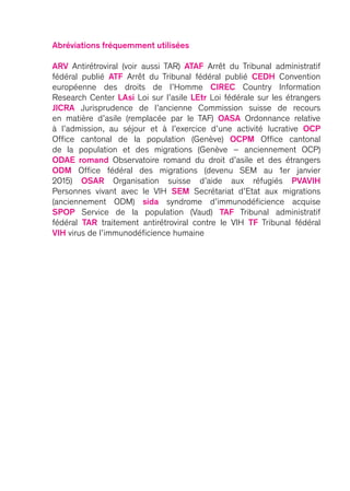 Abréviations fréquemment utilisées
ARV Antirétroviral (voir aussi TAR) ATAF Arrêt du Tribunal administratif
fédéral publié ATF Arrêt du Tribunal fédéral publié CEDH Convention
européenne des droits de l’Homme CIREC Country Information
Research Center LAsi Loi sur l’asile LEtr Loi fédérale sur les étrangers
JICRA Jurisprudence de l’ancienne Commission suisse de recours
en matière d’asile (remplacée par le TAF) OASA Ordonnance relative
à l’admission, au séjour et à l’exercice d’une activité lucrative OCP
Office cantonal de la population (Genève) OCPM Office cantonal
de la population et des migrations (Genève – anciennement OCP)
ODAE romand Observatoire romand du droit d’asile et des étrangers
ODM Office fédéral des migrations (devenu SEM au 1er janvier
2015) OSAR Organisation suisse d’aide aux réfugiés PVAVIH
Personnes vivant avec le VIH SEM Secrétariat d’Etat aux migrations
(anciennement ODM) sida syndrome d’immunodéficience acquise
SPOP Service de la population (Vaud) TAF Tribunal administratif
fédéral TAR traitement antirétroviral contre le VIH TF Tribunal fédéral
VIH virus de l’immunodéficience humaine
 