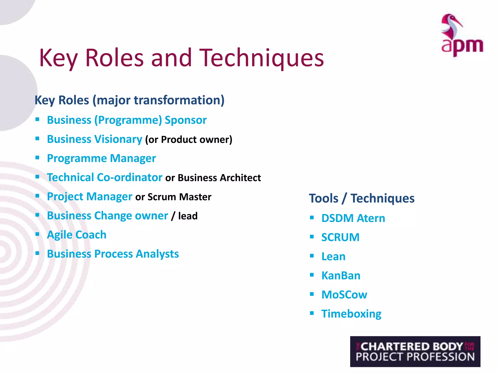 Key Roles and Techniques
Key Roles (major transformation)
 Business (Programme) Sponsor
 Business Visionary (or Product owner)
 Programme Manager
 Technical Co-ordinator or Business Architect
 Project Manager or Scrum Master
 Business Change owner / lead
 Agile Coach
 Business Process Analysts
Tools / Techniques
 DSDM Atern
 SCRUM
 Lean
 KanBan
 MoSCow
 Timeboxing
 