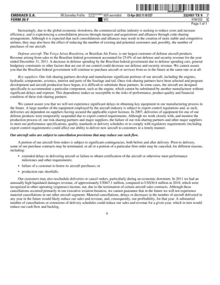 ˆ200FVFj&BF0tnLcQ,Š
                                                                                                                    200FVFj&BF0tnLcQ
                                                            NYCFBUAC350875
EMBRAER S.A.                         RR Donnelley ProFile   10.10.16         NER wernm0nd   13-Apr-2012 11:10 EST                  332497 TX 9 3*
FORM 20-F                                                                    NYC                                                        HTM ESS 0C
                                                                                                                                       Page 1 of 1
      Increasingly, due to the global economic slowdown, the commercial airline industry is seeking to reduce costs and increase
efficiency, and is experiencing a consolidation process through mergers and acquisitions and alliances through code-sharing
arrangements. Although it is expected that such consolidations and alliances may result in the creation of more stable and competitive
airlines, they may also have the effect of reducing the number of existing and potential customers and, possibly, the number of
purchases of our aircraft.
     Defense aircraft. The Força Aérea Brasileira, or Brazilian Air Force, is our largest customer of defense aircraft products.
Revenue arising from sales to the Brazilian federal government accounted for 25.0% of our defense and security revenue for the year
ended December 31, 2011. A decrease in defense spending by the Brazilian federal government due to defense spending cuts, general
budgetary constraints or other factors that are out of our control could decrease our defense and security revenue. We cannot assure
you that the Brazilian federal government will continue to purchase aircraft or services from us in the future at the same rate or at all.
      Key suppliers. Our risk-sharing partners develop and manufacture significant portions of our aircraft, including the engines,
hydraulic components, avionics, interior and parts of the fuselage and tail. Once risk-sharing partners have been selected and program
development and aircraft production have begun, it is difficult to substitute these partners. In some cases, the aircraft are designed
specifically to accommodate a particular component, such as the engine, which cannot be substituted by another manufacturer without
significant delays and expense. This dependence makes us susceptible to the risks of performance, product quality and financial
condition of these risk-sharing partners.

      We cannot assure you that we will not experience significant delays in obtaining key equipment in our manufacturing process in
the future. A large number of the equipment employed by the aircraft industry is subject to export control regulations and, as such,
deliveries are dependent on suppliers having secured the applicable export licenses. In 2007, deliveries of equipment for one of our
defense products were temporarily suspended due to export control requirements. Although we work closely with, and monitor the
production process of, our risk-sharing partners and major suppliers, the failure of our risk-sharing partners and other major suppliers
to meet our performance specifications, quality standards or delivery schedules or to comply with regulatory requirements (including
export control requirements) could affect our ability to deliver new aircraft to customers in a timely manner.

Our aircraft sales are subject to cancellation provisions that may reduce our cash flow.

     A portion of our aircraft firm orders is subject to significant contingencies, both before and after delivery. Prior to delivery,
some of our purchase contracts may be terminated, or all or a portion of a particular firm order may be canceled, for different reasons,
including:
     • extended delays in delivering aircraft or failure to obtain certification of the aircraft or otherwise meet performance
       milestones and other requirements;
     • failure of a customer to honor its aircraft purchases; or
     • production rate shortfalls.
     Our customers may also reschedule deliveries or cancel orders, particularly during an economic downturn. In 2011 we had an
unusually high liquidated damages revenue, of approximately US$67.1 million, compared to US$30.4 million in 2010, which were
recognized in other operating (expenses) income, net, due to the termination of certain aircraft sales contracts. Although these
cancellations occurred primarily in our executive aviation business, we cannot guarantee that in the future we will not experience
material cancellations in our other aircraft segments. Material cancellations, delays or decreases in the number of aircraft delivered in
any year in the future would likely reduce our sales and revenue, and, consequently, our profitability, for that year. A substantial
number of cancellations or extensions of delivery schedules could reduce our sales and revenue for a given year, which in turn would
reduce our cash flow and backlog.
                                                                              9
 