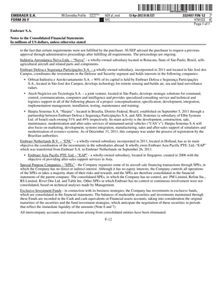 ˆ200FVFj&BDzu1ZnwcŠ 200FVFj&BDzu1Znw
                                                          NERPRFRS3
EMBRAER S.A.                       RR Donnelley ProFile   10.10.17    NER pf_rend   13-Apr-2012 01:05 EST                 332497 FIN 12 2*
FORM 20-F                                                             NYC                                                        HTM ESS 0C
                                                                                                                                Page 1 of 1
Embraer S.A.

Notes to the Consolidated Financial Statements
In millions of US dollars, unless otherwise stated

      to the fact that certain requirements were not fulfilled by the purchaser. SUSEP advised the purchaser to request a previous
      approval through administrative proceedings after fulfilling all requirements. The proceedings are ongoing.
      Indústria Aeronáutica Neiva Ltda. - “Neiva” - a wholly-owned subsidiary located in Botucatu, State of Sao Paulo, Brazil, sells
      agricultural aircraft and related parts and components.
      Embraer Defesa e Segurança Participações S.A. – a wholly-owned subsidiary, incorporated in 2011 and located in São José dos
      Campos, coordinates the investments in the Defense and Security segment and holds interests in the following companies:
         • Orbisat Indústria e Aerolevantamento S.A. – 90% of its capital is held by Embraer Defesa e Segurança Participações
           S.A., located in São José dos Campos, develops technology for remote sensing and builds air, sea and land surveillance
           radars.
         • Atech Negócios em Tecnologia S.A. – a joint venture, located in São Paulo, develops strategic solutions for command,
           control, communications, computers and intelligence and provides specialized consulting service and technical and
           logistics support in all of the following phases of a project: conceptualization, specification, development, integration,
           implementation management, installation, testing, maintenance and training.
         • Harpia Sistemas S.A. “Harpia” - located in Brasilia, Distrito Federal, Brazil, established on September 5, 2011 through a
           partnership between Embraer Defesa e Segurança Participações S.A. and AEL Sistemas (a subsidiary of Elbit Systems
           Ltd. of Israel) each owning 51% and 49% respectively. Its main activity is the development, construction, sale,
           maintenance, modernization and after-sales services of unmanned aerial vehicles (“UAV’s”). Harpia Sistemas S.A will
           also focus on marketing, development, systems integration, manufacturing, sales and after-sales support of simulators and
           modernization of avionics systems. As of December 31, 2011, this company was under the process of registration by the
           Brazilian authorities.
      Embraer Netherlands B.V. – “ENL” – a wholly-owned subsidiary incorporated in 2011, located in Holland, has as its main
      objective the coordination of the investments in the subsidiaries abroad. It wholly owns Embraer Asia Pacific PTE. Ltd.-“EAP”
      which was transferred from Embraer S.A. to Embraer Netherlands on September 26, 2011.
         • Embraer Asia Pacific PTE. Ltd. - “EAP” - a wholly-owned subsidiary, located in Singapore, created in 2006 with the
           objective of providing after-sales support services in Asia.
      Special Purpose Companies - “SPEs” - the Company organizes some of its aircraft sale financing transactions through SPEs, in
      which the Company has no direct or indirect interest. Although it has no equity interests, the Company controls all operations
      of the SPEs or takes a majority share of their risks and rewards, and the SPEs are therefore consolidated in the financial
      statements of the parent company. The consolidated SPEs, in which the Company has no control, are: PM Limited, Refine Inc.,
      RS Limited, River One Ltd. and Table Inc. Other SPEs in which Embraer has no control or continuous involvement were not
      consolidated, based on technical analyses made by Management.
      Exclusive Investment Funds - in connection with its business strategies, the Company has investments in exclusive funds,
      which are consolidated in the financial statements. The balances of marketable securities and investments maintained through
      these Funds are recorded in the Cash and cash equivalents or Financial assets accounts, taking into consideration the original
      maturities of the securities and the fund investment strategies, which anticipate the negotiation of these securities in periods
      that reflect the immediate liquidity of the amounts (Note 6 and 7).
      All intercompany accounts and transactions arising from consolidated entities have been eliminated.
                                                                      F-12
 