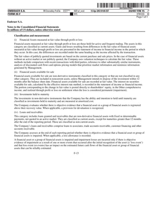 ˆ200FVFj&BDzuPNHwIŠ  200FVFj&BDzuPNHw
                                                          NERPRFRS3
EMBRAER S.A.                       RR Donnelley ProFile   10.10.17    NER pf_rend   13-Apr-2012 01:05 EST                  332497 FIN 15 2*
FORM 20-F                                                             NYC                                                         HTM ESS 0C
                                                                                                                                 Page 1 of 1
Embraer S.A.

Notes to the Consolidated Financial Statements
In millions of US dollars, unless otherwise stated

      Classification and measurement
      (i)   Financial Assets measured at fair value through profit or loss
      Financial assets measured at fair value through profit or loss are those held for active and frequent trading. The assets in this
      category are classified as current assets. Gains and losses resulting from differences in the fair value of financial assets
      measured at fair value through profit or loss are presented in the statement of income in financial income in the period in which
      they occur. In this case, the differences are recorded under the same heading as the income affected by the transaction.
      The fair values of publicly quoted investments are based on the current purchase and sale prices. In the case of financial assets
      without an active market or not publicly quoted, the Company uses valuation techniques to calculate the fair value. These
      methods include comparison with recent transactions with third parties, reference to other substantially similar instruments,
      analysis of discounted cash flows and options pricing models that prioritize market information and minimize information
      generated by Management.
      (ii) Financial assets available for sale
      Financial assets available for sale are non-derivative instruments classified in this category or that are not classified in any
      other category. They are included in noncurrent assets, unless Management intends to dispose of the investment within 12
      months after the balance sheet date. Financial assets available for sale are recorded at fair value. The interest on securities
      available for sale, calculated by the effective interest rate method, is recorded in the statement of income as financial income.
      The portion corresponding to the change in fair value is posted directly to shareholders’ equity, in the Other comprehensive
      income, and realized through profit or loss on settlement when the loss is considered permanent (impairment).
      (iii) Investments held to maturity
      The investments in non-derivative instruments that the Company has the ability and intention to hold until maturity are
      classified as investments held to maturity and are measured at amortized cost.
      The Company evaluates whether there is objective evidence that a financial asset or a group of financial assets is registered
      above their recovery value. When applicable, a provision for devaluation is recognized.
      (iv) Loans and receivables
      This category includes loans granted and receivables that are non-derivative financial assets with fixed or determinable
      payments, not quoted in an active market. They are classified as current assets, except for maturities greater than 12 months
      after the end of the reporting period. These are classified as non-current assets.
      The Company’s loans and receivables comprise loans to associates, trade accounts receivable, customer financing and other
      accounts receivable.
      The Company assesses at the end of each reporting period whether there is objective evidence that a financial asset or group of
      financial assets is impaired. When applicable, a loss allowance is recorded.
      A financial asset or a group of financial assets is impaired and impairment losses are incurred only if there is objective
      evidence of impairment as a result of one or more events that occurred after the initial recognition of the asset (a ‘loss event’)
      and that loss event (or events) has an impact on the estimated future cash flows of the financial asset or group of financial
      assets that can be reliably estimated.
                                                                      F-15
 