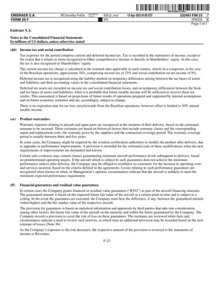 ˆ200FVFj&BDzuz@&wwŠ200FVFj&BDzuz@&w
                                                          NERPRFRS3
EMBRAER S.A.                       RR Donnelley ProFile   10.10.17    NER pf_rend   13-Apr-2012 01:05 EST                332497 FIN 23 2*
FORM 20-F                                                             NYC                                                       HTM ESS 0C
                                                                                                                               Page 1 of 1
Embraer S.A.

Notes to the Consolidated Financial Statements
In millions of US dollars, unless otherwise stated

(dd) Income tax and social contribution
       Tax expenses for the period comprise current and deferred income tax. Tax is recorded in the statements of income, except to
       the extent that it relates to items recognized in Other comprehensive income or directly in Shareholders’ equity. In this case,
       the tax is also recognized in Shareholders’ equity.
       The current income tax charge is calculated at the nominal rates applicable in each country, which on a composite, in the case
       of the Brazilian operations, approximate 34%, comprising income tax of 25% and social contribution on net income of 9%.
       Deferred income tax is recognized using the liability method on temporary differences arising between the tax bases of assets
       and liabilities and their accounting values in the consolidated financial statements.
       Deferred tax assets are recorded on income tax and social contribution losses, and on temporary differences between the book
       and tax bases of assets and liabilities, when it is probable that future taxable income will be sufficient to recover these tax
       credits. This assessment is based on projections of future results of operations prepared and supported by internal assumptions
       and on future economic scenarios and are, accordingly, subject to change.
       There is no expiration date for tax loss carryforwards from the Brazilian operations; however offset is limited to 30% annual
       taxable income.

(ee)   Product warranties
       Warranty expenses relating to aircraft and spare parts are recognized at the moment of their delivery, based on the estimated
       amounts to be incurred. These estimates are based on historical factors that include warranty claims and the corresponding
       repair and replacement costs, the warranty given by the suppliers and the contractual coverage period. The warranty coverage
       period is usually between three and five years.
       In some cases, the Company might be required by the aviation certification authorities to modify the product after delivery, due
       to upgrades or performance improvements. A provision is recorded for the estimated costs of these modifications when the new
       requirements or improvements are demanded and known.
       Certain sales contracts may contain clauses guaranteeing minimum aircraft performance levels subsequent to delivery, based
       on predetermined operating targets. If the aircraft which is subject to such guarantees does not achieve the minimum
       performance indices after delivery, the Company may be obliged to reimburse its customers for the increase in operating costs
       and services incurred, based on the criteria defined in the agreements. Losses relating to such performance guarantees are
       recognized when known or when, in Management’s opinion, circumstances indicate that the aircraft is unlikely to meet the
       minimum expected performance requirement.

(ff)   Financial guarantees and residual value guarantees
       In certain cases the Company grants financial or residual value guarantees (“RVG”) as part of the aircraft financing structure.
       The guaranteed amount is based on the expected future fair value of the aircraft at a certain point in time and is subject to a
       ceiling. In the event the guarantees are executed, the Company must bear the difference, if any, between the guaranteed amount
       (when higher) and the fair market value of the respective aircraft.
       The provision for guarantees is based on statistical information and appraisals by third parties that take into consideration,
       among other factors, the future fair value of the aircraft on the maturity and within the limits guaranteed by the Company. The
       Company records a provision to cover the risk of loss on these guarantees. The estimates are reviewed when facts and
       circumstances indicate a need to review such reserves, at which time an additional provision may be recorded based on the new
       estimate of losses (Note 38).
       As the Company’s exposure to the risk decreases, the respective amount of the provision is reversed to the statements of
       income as Revenues.
                                                                      F-23
 