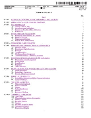 ˆ200FVFj&BDzzt7#Q+Š
                                                                                                          200FVFj&BDzzt7#Q
                                                      NERPRFRS16
EMBRAER S.A.                   RR Donnelley ProFile   10.10.17      NER pf_rend   13-Apr-2012 01:15 EST                332497 TOC 1 2*
FORM 20-F                      START PAGE                           NYC                                                      HTM ESS 0C
                                                                                                                             Page 1 of 1
                                                      TABLE OF CONTENTS
                                                                                                                               Page
                                                                   Part I
ITEM 1.   IDENTITY OF DIRECTORS, SENIOR MANAGEMENT AND ADVISERS                                                                   4
ITEM 2.   OFFER STATISTICS AND EXPECTED TIMETABLE                                                                                 4
ITEM 3.   KEY INFORMATION                                                                                                         4
          3A. Selected Financial Data                                                                                             4
          3B. Capitalization and Indebtedness                                                                                     7
          3C. Reasons for the Offer and Use of Proceeds                                                                           7
          3D. Risk Factors                                                                                                        8
ITEM 4.   INFORMATION ON THE COMPANY                                                                                             19
          4A. History and Development of the Company                                                                             19
          4B. Business Overview                                                                                                  23
          4C. Organizational Structure                                                                                           45
          4D. Property, Plant and Equipment                                                                                      45
ITEM 4.A UNRESOLVED STAFF COMMENTS                                                                                               48
ITEM 5.   OPERATING AND FINANCIAL REVIEW AND PROSPECTS                                                                           48
          5A. Operating Results                                                                                                  49
          5B. Liquidity and Capital Resources                                                                                    68
          5C. Research                                                                                                           72
          5D. Trend Information                                                                                                  73
          5E. Off-Balance Sheet Arrangements                                                                                     76
          5F. Tabular Disclosure of Contractual Obligations                                                                      79
ITEM 6.   DIRECTORS, SENIOR MANAGEMENT AND EMPLOYEES                                                                             80
          6A. Directors and Senior Management                                                                                    80
          6B. Compensation                                                                                                       86
          6C. Board Practices                                                                                                    88
          6D. Employees                                                                                                          90
          6E. Share Ownership                                                                                                    90
ITEM 7.   MAJOR SHAREHOLDERS AND RELATED PARTY TRANSACTIONS                                                                      90
          7A. Major Shareholders                                                                                                 90
          7B. Related Party Transactions                                                                                         91
          7C. Interests of Experts and Counsel                                                                                   93
ITEM 8.   FINANCIAL INFORMATION                                                                                                  93
          8A. Consolidated Statements and Other Financial Information                                                            93
          8B. Significant Changes                                                                                                98
ITEM 9.   THE OFFER AND LISTING                                                                                                  98
          9A. Offer and Listing Details                                                                                          98
          9B. Plan of Distribution                                                                                               99
          9C. Markets                                                                                                            99
          9D. Selling Shareholders                                                                                              102
          9E. Dilution                                                                                                          102
          9F. Expenses of the Issue                                                                                             102
ITEM 10. ADDITIONAL INFORMATION                                                                                                 102
         10A. Share Capital                                                                                                     102
         10B. Memorandum and Articles of Association                                                                            102
         10C. Material Contracts                                                                                                115
         10D. Exchange Controls                                                                                                 115
         10E. Taxation                                                                                                          116
         10F. Dividends and Paying Agents                                                                                       122
         10G. Statements by Experts                                                                                             122
         10H. Documents on Display                                                                                              122
                                                                      i
 