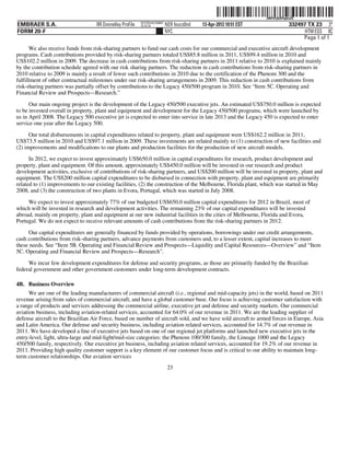 ˆ200FVFj&BF0qKe2Q_Š
                                                                                                                  200FVFj&BF0qKe2Q
                                                          NYCFBUAC350897
EMBRAER S.A.                       RR Donnelley ProFile   10.10.16         NER feucs0nd   13-Apr-2012 10:51 EST                332497 TX 23 3*
FORM 20-F                                                                  NYC                                                       HTM ESS 0C
                                                                                                                                    Page 1 of 1
       We also receive funds from risk-sharing partners to fund our cash costs for our commercial and executive aircraft development
programs. Cash contributions provided by risk-sharing partners totaled US$85.8 million in 2011, US$99.4 million in 2010 and
US$102.2 million in 2009. The decrease in cash contributions from risk-sharing partners in 2011 relative to 2010 is explained mainly
by the contribution schedule agreed with our risk sharing partners. The reduction in cash contributions from risk-sharing partners in
2010 relative to 2009 is mainly a result of fewer such contributions in 2010 due to the certification of the Phenom 300 and the
fulfillment of other contractual milestones under our risk-sharing arrangements in 2009. This reduction in cash contributions from
risk-sharing partners was partially offset by contributions to the Legacy 450/500 program in 2010. See “Item 5C. Operating and
Financial Review and Prospects—Research.”

      Our main ongoing project is the development of the Legacy 450/500 executive jets. An estimated US$750.0 million is expected
to be invested overall in property, plant and equipment and development for the Legacy 450/500 programs, which were launched by
us in April 2008. The Legacy 500 executive jet is expected to enter into service in late 2013 and the Legacy 450 is expected to enter
service one year after the Legacy 500.

      Our total disbursements in capital expenditures related to property, plant and equipment were US$162.2 million in 2011,
US$73.5 million in 2010 and US$97.1 million in 2009. These investments are related mainly to (1) construction of new facilities and
(2) improvements and modifications to our plants and production facilities for the production of new aircraft models.
      In 2012, we expect to invest approximately US$650.0 million in capital expenditures for research, product development and
property, plant and equipment. Of this amount, approximately US$450.0 million will be invested in our research and product
development activities, exclusive of contributions of risk-sharing partners, and US$200 million will be invested in property, plant and
equipment. The US$200 million capital expenditures to be disbursed in connection with property, plant and equipment are primarily
related to (1) improvements to our existing facilities, (2) the construction of the Melbourne, Florida plant, which was started in May
2008, and (3) the construction of two plants in Evora, Portugal, which was started in July 2008.

     We expect to invest approximately 77% of our budgeted US$650.0 million capital expenditures for 2012 in Brazil, most of
which will be invested in research and development activities. The remaining 23% of our capital expenditures will be invested
abroad, mainly on property, plant and equipment at our new industrial facilities in the cities of Melbourne, Florida and Evora,
Portugal. We do not expect to receive relevant amounts of cash contributions from the risk-sharing partners in 2012.

     Our capital expenditures are generally financed by funds provided by operations, borrowings under our credit arrangements,
cash contributions from risk-sharing partners, advance payments from customers and, to a lesser extent, capital increases to meet
these needs. See “Item 5B. Operating and Financial Review and Prospects—Liquidity and Capital Resources—Overview” and “Item
5C. Operating and Financial Review and Prospects—Research”.

     We incur few development expenditures for defense and security programs, as those are primarily funded by the Brazilian
federal government and other government customers under long-term development contracts.

4B. Business Overview
      We are one of the leading manufacturers of commercial aircraft (i.e., regional and mid-capacity jets) in the world, based on 2011
revenue arising from sales of commercial aircraft, and have a global customer base. Our focus is achieving customer satisfaction with
a range of products and services addressing the commercial airline, executive jet and defense and security markets. Our commercial
aviation business, including aviation-related services, accounted for 64.0% of our revenue in 2011. We are the leading supplier of
defense aircraft to the Brazilian Air Force, based on number of aircraft sold, and we have sold aircraft to armed forces in Europe, Asia
and Latin America. Our defense and security business, including aviation related services, accounted for 14.7% of our revenue in
2011. We have developed a line of executive jets based on one of our regional jet platforms and launched new executive jets in the
entry-level, light, ultra-large and mid-light/mid-size categories: the Phenom 100/300 family, the Lineage 1000 and the Legacy
450/500 family, respectively. Our executive jet business, including aviation related services, accounted for 19.2% of our revenue in
2011. Providing high quality customer support is a key element of our customer focus and is critical to our ability to maintain long-
term customer relationships. Our aviation services
                                                                            23
 