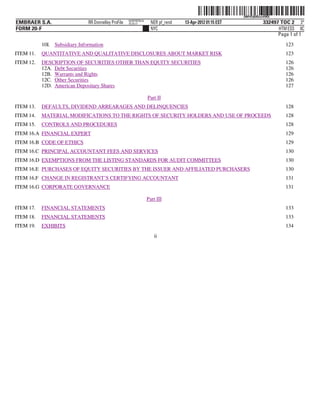 ˆ200FVFj&BDzzvVWQ/Š
                                                                                                           200FVFj&BDzzvVWQ
                                                      NERPRFRS16
EMBRAER S.A.                   RR Donnelley ProFile   10.10.17       NER pf_rend   13-Apr-2012 01:15 EST              332497 TOC 2 3*
FORM 20-F                                                            NYC                                                    HTM ESS 0C
                                                                                                                            Page 1 of 1
           10I. Subsidiary Information                                                                                         123
ITEM 11.   QUANTITATIVE AND QUALITATIVE DISCLOSURES ABOUT MARKET RISK                                                          123
ITEM 12.   DESCRIPTION OF SECURITIES OTHER THAN EQUITY SECURITIES                                                              126
           12A. Debt Securities                                                                                                126
           12B. Warrants and Rights                                                                                            126
           12C. Other Securities                                                                                               126
           12D. American Depositary Shares                                                                                     127

                                                                   Part II
ITEM 13.   DEFAULTS, DIVIDEND ARREARAGES AND DELINQUENCIES                                                                     128
ITEM 14.   MATERIAL MODIFICATIONS TO THE RIGHTS OF SECURITY HOLDERS AND USE OF PROCEEDS                                        128
ITEM 15.   CONTROLS AND PROCEDURES                                                                                             128
ITEM 16.A FINANCIAL EXPERT                                                                                                     129
ITEM 16.B CODE OF ETHICS                                                                                                       129
ITEM 16.C PRINCIPAL ACCOUNTANT FEES AND SERVICES                                                                               130
ITEM 16.D EXEMPTIONS FROM THE LISTING STANDARDS FOR AUDIT COMMITTEES                                                           130
ITEM 16.E PURCHASES OF EQUITY SECURITIES BY THE ISSUER AND AFFILIATED PURCHASERS                                               130
ITEM 16.F CHANGE IN REGISTRANT’S CERTIFYING ACCOUNTANT                                                                         131
ITEM 16.G CORPORATE GOVERNANCE                                                                                                 131

                                                                   Part III
ITEM 17.   FINANCIAL STATEMENTS                                                                                                133
ITEM 18.   FINANCIAL STATEMENTS                                                                                                133
ITEM 19.   EXHIBITS                                                                                                            134
                                                                      ii
 