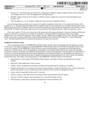 ˆ200FVFj&BDzsx5%QtŠ  200FVFj&BDzsx5%Q
                                                          NERPRFRS6
EMBRAER S.A.                       RR Donnelley ProFile   10.10.17    NER pf_rend   13-Apr-2012 01:04 EST                   332497 TX 38 2*
FORM 20-F                                                             NYC                                                         HTM ESS 0C
                                                                                                                                 Page 1 of 1
      •   Sonaca S.A.—Société Nationale de Constructions Aerospatiales, a Belgian company, supplies portions of the central and
          rear fuselages, the service, main and baggage doors and engine pylons;
      •   ENAER—Empresa Nacional de Aeronáutica, a Chilean company, supplies the vertical fin, horizontal stabilizers and
          elevators; and
      •   C&D Aerospace, Inc., a U.S. company, supplies the cabin and cargo compartment interiors.

     Our risk-sharing partners generally receive payment for supplied components within three to five months after delivery of the
components to us. The partnering relationship with these suppliers results in lower production costs and higher product quality for the
ERJ 145 regional jet family. In addition, our line of executive jets benefits from the risk-sharing arrangements with Aernnova, Sonaca
and ENAER. The interior of the Legacy 600 executive jet is provided by The Nordam Group, Inc., Duncan Aviation Inc. and us.

     Other major suppliers. We have also entered into other agreements with numerous European, American, Canadian and Brazilian
suppliers to provide key components for a number of our products, including the ERJ 145 regional jet family. These supply
arrangements cover systems and components such as engines, avionics, landing gear and flight control systems. Our major suppliers
include, among other companies, Rolls-Royce Allison, Parker Hannifin Corp., or Parker, BF Goodrich Co., United Technologies
Corp. – Hamilton Sundstrand Division, Honeywell, Rosemount Aerospace and Alcoa Inc.

EMBRAER 170/190 Jet Family
      We are continuing to improve the EMBRAER 170/190 jet family, together with risk-sharing partners that supply key systems
for the aircraft. Our supplier arrangements for the EMBRAER 170/190 jet family differ from the ERJ 145 regional jet family in that
we use fewer suppliers. In the EMBRAER 170/190 jet family, each risk-sharing partner is responsible for the development and
production of aircraft systems, such as the landing gear, the hydraulic system and the flight control system, rather than individual
components, and fewer components are supplied by companies that are not risk-sharing partners. The assumption of responsibility for
systems by our risk-sharing partners lowers our capital expenditures, which thereby decreases our development risks and increases
our operating efficiency by reducing the number of suppliers per product and cutting production costs. It also shortens development
and production time. The primary risk-sharing partners for the EMBRAER 170/190 jet family are the following:
      •   General Electric, which supplies CF34-8E/l0E turbofan engines, and designs, develops and manufactures the engine
          nacelles;
      •   Honeywell, which supplies the avionics systems;
      •   Liebherr, which is responsible for designing, developing and manufacturing the landing gear assemblies;
      •   Hamilton Sundstrand, a U.S. company and a wholly-owned subsidiary of United Technologies Corp., which develops and
          produces the aircraft’s tail core, auxiliary power unit, electrical systems and the air management system;
      •   Sonaca, which is responsible for the aircraft’s wing slats;
      •   Aernnova, which is responsible for the rear fuselage and the vertical and horizontal tail surfaces;
      •   Latecoere, a French company, which manufactures two of the three fuselage sections;
      •   C&D Aerospace, which designs, develops and manufactures the aircraft interior; and
                                                                       38
 