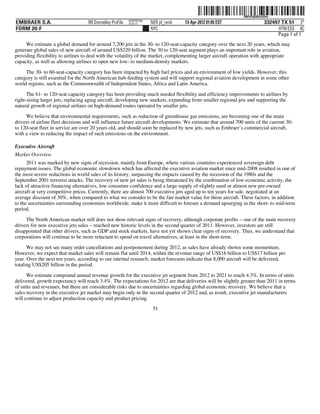 ˆ200FVFj&BDztsG9wZŠ 200FVFj&BDztsG9w
                                                          NERPRFRS6
EMBRAER S.A.                       RR Donnelley ProFile   10.10.17    NER pf_rend   13-Apr-2012 01:05 EST                   332497 TX 51 2*
FORM 20-F                                                             NYC                                                         HTM ESS 0C
                                                                                                                                 Page 1 of 1
     We estimate a global demand for around 7,200 jets in the 30- to 120-seat-capacity category over the next 20 years, which may
generate global sales of new aircraft of around US$320 billion. The 30 to 120-seat segment plays an important role in aviation,
providing flexibility to airlines to deal with the volatility of the market, complementing larger aircraft operation with appropriate
capacity, as well as allowing airlines to open new low- to medium-density markets.

     The 30- to 60-seat-capacity category has been impacted by high fuel prices and an environment of low yields. However, this
category is still essential for the North American hub-feeding system and will support regional aviation development in some other
world regions, such as the Commonwealth of Independent States, Africa and Latin America.

      The 61- to 120-seat capacity category has been providing much needed flexibility and efficiency improvements to airlines by
right-sizing larger jets, replacing aging aircraft, developing new markets, expanding from smaller regional jets and supporting the
natural growth of regional airlines on high-demand routes operated by smaller jets.

     We believe that environmental requirements, such as reduction of greenhouse gas emissions, are becoming one of the main
drivers of airline fleet decisions and will influence future aircraft developments. We estimate that around 700 units of the current 30-
to 120-seat fleet in service are over 20 years old, and should soon be replaced by new jets, such as Embraer’s commercial aircraft,
with a view to reducing the impact of such emissions on the environment.

Executive Aircraft
Market Overview
      2011 was marked by new signs of recession, mainly from Europe, where various countries experienced sovereign debt
repayment issues. The global economic slowdown which has affected the executive aviation market since mid-2008 resulted in one of
the most severe reductions in world sales of its history, surpassing the impacts caused by the recession of the 1980s and the
September 2001 terrorist attacks. The recovery of new jet sales is being threatened by the combination of low economic activity, the
lack of attractive financing alternatives, low consumer confidence and a large supply of slightly used or almost new pre-owned
aircraft at very competitive prices. Currently, there are almost 700 executive jets aged up to ten years for sale, negotiated at an
average discount of 30%, when compared to what we consider to be the fair market value for those aircraft. These factors, in addition
to the uncertainties surrounding economies worldwide, make it more difficult to foresee a demand upsurging in the short- to mid-term
period.

     The North American market still does not show relevant signs of recovery, although corporate profits – one of the main recovery
drivers for new executive jets sales – reached new historic levels in the second quarter of 2011. However, investors are still
disappointed that other drivers, such as GDP and stock markets, have not yet shown clear signs of recovery. Thus, we understand that
corporations will continue to be more reluctant to spend on travel alternatives, at least in the short-term.

      We may not see many order cancellations and postponement during 2012, as sales have already shown some momentum.
However, we expect that market sales will remain flat until 2014, within the revenue range of US$16 billion to US$17 billion per
year. Over the next ten years, according to our internal research, market forecasts indicate that 8,000 aircraft will be delivered,
totaling US$205 billion in the period.

      We estimate compound annual revenue growth for the executive jet segment from 2012 to 2021 to reach 4.3%. In terms of units
delivered, growth expectancy will reach 3.4%. The expectations for 2012 are that deliveries will be slightly greater than 2011 in terms
of units and revenues, but there are considerable risks due to uncertainties regarding global economic recovery. We believe that a
sales recovery in the executive jet market may begin only in the second quarter of 2012 and, as result, executive jet manufacturers
will continue to adjust production capacity and product pricing.
                                                                       51
 