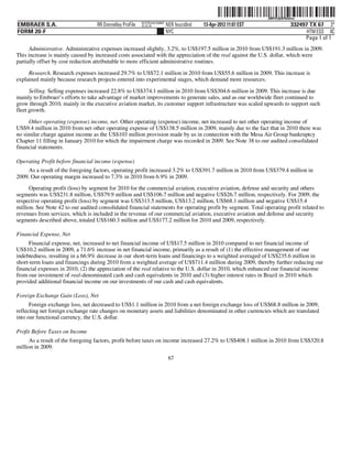 ˆ200FVFj&BF0t2#ew1Š
                                                                                                                  200FVFj&BF0t2#ew
                                                          NYCFBUAC350897
EMBRAER S.A.                       RR Donnelley ProFile   10.10.16         NER feucs0nd   13-Apr-2012 11:07 EST                332497 TX 67 3*
FORM 20-F                                                                  NYC                                                       HTM ESS 0C
                                                                                                                                    Page 1 of 1
      Administrative. Administrative expenses increased slightly, 3.2%, to US$197.5 million in 2010 from US$191.3 million in 2009.
This increase is mainly caused by increased costs associated with the appreciation of the real against the U.S. dollar, which were
partially offset by cost reduction attributable to more efficient administrative routines.

     Research. Research expenses increased 29.7% to US$72.1 million in 2010 from US$55.6 million in 2009. This increase is
explained mainly because research projects entered into experimental stages, which demand more resources.

      Selling. Selling expenses increased 22.8% to US$374.1 million in 2010 from US$304.6 million in 2009. This increase is due
mainly to Embraer’s efforts to take advantage of market improvements to generate sales, and as our worldwide fleet continued to
grow through 2010, mainly in the executive aviation market, its customer support infrastructure was scaled upwards to support such
fleet growth.

     Other operating (expense) income, net. Other operating (expense) income, net increased to net other operating income of
US$9.4 million in 2010 from net other operating expense of US$138.5 million in 2009, mainly due to the fact that in 2010 there was
no similar charge against income as the US$103 million provision made by us in connection with the Mesa Air Group bankruptcy
Chapter 11 filling in January 2010 for which the impairment charge was recorded in 2009. See Note 38 to our audited consolidated
financial statements.

Operating Profit before financial income (expense)
     As a result of the foregoing factors, operating profit increased 3.2% to US$391.7 million in 2010 from US$379.4 million in
2009. Our operating margin increased to 7.3% in 2010 from 6.9% in 2009.
      Operating profit (loss) by segment for 2010 for the commercial aviation, executive aviation, defense and security and others
segments was US$231.8 million, US$79.9 million and US$106.7 million and negative US$26.7 million, respectively. For 2009, the
respective operating profit (loss) by segment was US$313.5 million, US$13.2 million, US$68.1 million and negative US$15.4
million. See Note 42 to our audited consolidated financial statements for operating profit by segment. Total operating profit related to
revenues from services, which is included in the revenue of our commercial aviation, executive aviation and defense and security
segments described above, totaled US$160.3 million and US$177.2 million for 2010 and 2009, respectively.

Financial Expense, Net
      Financial expense, net, increased to net financial income of US$17.5 million in 2010 compared to net financial income of
US$10.2 million in 2009, a 71.6% increase in net financial income, primarily as a result of (1) the effective management of our
indebtedness, resulting in a 66.9% decrease in our short-term loans and financings to a weighted averaged of US$235.6 million in
short-term loans and financings during 2010 from a weighted average of US$711.4 million during 2009, thereby further reducing our
financial expenses in 2010, (2) the appreciation of the real relative to the U.S. dollar in 2010, which enhanced our financial income
from our investment of real-denominated cash and cash equivalents in 2010 and (3) higher interest rates in Brazil in 2010 which
provided additional financial income on our investments of our cash and cash equivalents.

Foreign Exchange Gain (Loss), Net
      Foreign exchange loss, net decreased to US$1.1 million in 2010 from a net foreign exchange loss of US$68.8 million in 2009,
reflecting net foreign exchange rate changes on monetary assets and liabilities denominated in other currencies which are translated
into our functional currency, the U.S. dollar.

Profit Before Taxes on Income
      As a result of the foregoing factors, profit before taxes on income increased 27.2% to US$408.1 million in 2010 from US$320.8
million in 2009.
                                                                            67
 