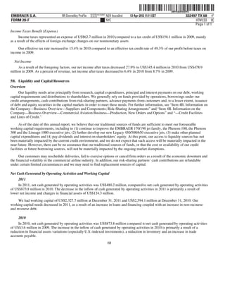 ˆ200FVFj&BF0uK9YQpŠ
                                                                                                                  200FVFj&BF0uK9YQ
                                                          NYCFBUAC350897
EMBRAER S.A.                       RR Donnelley ProFile   10.10.16         NER feucs0nd   13-Apr-2012 11:11 EST                332497 TX 68 4*
FORM 20-F                                                                  NYC                                                       HTM ESS 0C
                                                                                                                                    Page 1 of 1
Income Taxes Benefit (Expense)
      Income taxes represented an expense of US$62.7 million in 2010 compared to a tax credit of US$158.1 million in 2009, mainly
as a result of the effects of foreign exchange changes on our nonmonetary assets.

     Our effective tax rate increased to 15.4% in 2010 compared to an effective tax credit rate of 49.3% of our profit before taxes on
income in 2009.

  Net Income
      As a result of the foregoing factors, our net income after taxes decreased 27.9% to US$345.4 million in 2010 from US$478.9
million in 2009. As a percent of revenue, net income after taxes decreased to 6.4% in 2010 from 8.7% in 2009.

5B. Liquidity and Capital Resources
Overview
      Our liquidity needs arise principally from research, capital expenditures, principal and interest payments on our debt, working
capital requirements and distributions to shareholders. We generally rely on funds provided by operations, borrowings under our
credit arrangements, cash contributions from risk-sharing partners, advance payments from customers and, to a lesser extent, issuance
of debt and equity securities in the capital markets in order to meet these needs. For further information, see “Item 4B. Information on
the Company—Business Overview—Suppliers and Components; Risk-Sharing Arrangements” and “Item 4B. Information on the
Company—Business Overview—Commercial Aviation Business—Production, New Orders and Options” and “—Credit Facilities
and Lines of Credit.”

      As of the date of this annual report, we believe that our traditional sources of funds are sufficient to meet our foreseeable
working capital requirements, including to (1) continue to improve the EMBRAER 170/190 jet family, the Phenom 100, the Phenom
300 and the Lineage 1000 executive jets, (2) further develop our new Legacy 450/500/650 executive jets, (3) make other planned
capital expenditures and (4) pay dividends and interest on shareholders’ equity. At this point, our access to liquidity sources has not
been materially impacted by the current credit environment, and we do not expect that such access will be materially impacted in the
near future. However, there can be no assurance that our traditional sources of funds, or that the cost or availability of our credit
facilities or future borrowing sources, will not be materially impacted by the ongoing market disruptions.
      Our customers may reschedule deliveries, fail to exercise options or cancel firm orders as a result of the economic downturn and
the financial volatility in the commercial airline industry. In addition, our risk-sharing partners’ cash contributions are refundable
under certain limited circumstances and we may need to find replacement sources of capital.

Net Cash Generated by Operating Activities and Working Capital
     2011
     In 2011, net cash generated by operating activities was US$480.2 million, compared to net cash generated by operating activities
of US$873.8 million in 2010. The decrease in the inflow of cash generated by operating activities in 2011 is primarily a result of
lower net income and changes in financial assets of US$124.3 million.
     We had working capital of US$2,327.7 million at December 31, 2011 and US$2,594.1 million at December 31, 2010. Our
working capital needs decreased in 2011, as a result of an increase in loans and financing coupled with an increase in non-recourse
and recourse debt.

     2010
     In 2010, net cash generated by operating activities was US$873.8 million compared to net cash generated by operating activities
of US$3.6 million in 2009. The increase in the inflow of cash generated by operating activities in 2010 is primarily a result of a
reduction in financial assets variations (especially U.S.-indexed investments), a reduction in inventory and an increase in trade
accounts payable.
                                                                            68
 