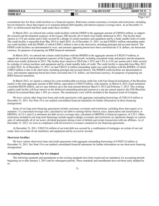 ˆ200FVFj&BF1iBGLQEŠ
                                                                                                                  200FVFj&BF1iBGLQ
                                                          NYCFBUAC350710
EMBRAER S.A.                       RR Donnelley ProFile   10.10.16         NER mitnc0nd   13-Apr-2012 13:12 EST                332497 TX 71 3*
FORM 20-F                                                                  NYC                                                       HTM ESS 0C
                                                                                                                                    Page 1 of 1
commitment fees for these credit facilities as a financial expense. Both loans contain customary covenants and restrictions, including,
but not limited to, those that require us to maintain defined debt liquidity and interest expense coverage ratios. As at December 31,
2011, no disbursement had been made under these facilities.

      In March 2011, we entered into certain credit facilities with the FINEP in the aggregate amount of US$50.0 million, to support
the research and development expenses of the Legacy 500 aircraft, all of which were totally disbursed in 2011. The facility bears
interest at 3.5% per annum and is fully secured by a pledge of certain machines and equipment and by a bank standby letter of credit.
The credit facility is repayable from May 2013 to April 2018. As of December 31, 2011, we had US$50.1 million outstanding under
our credit facilities with the FINEP, of which US$0.1 million is due in the short-term, including principal and accrued interest. The
FINEP credit facilities are denominated in reais, and amounts appearing herein have been converted into U.S. dollars, our functional
currency, for purposes of preparing our IFRS financial statements.
      In March 2011, we entered into certain credit facilities with the BNDES in the aggregate amount of US$247.9 million, to
support the research and development expenses of the Legacy 500 aircraft, including conceptual study and project and development,
which were totally disbursed in 2013. The facility bears interest at TJLP plus 1.92% and 3.5% to 4.5% per annum and is fully secured
by a pledge of certain machines and equipment and by a bank standby letter of credit. The credit facility is repayable from May 2013
to April 2018. As of December 31, 2011, we had US$121.4 million outstanding under our credit facilities with the BNDES, of which
US$0.9 million is due in the short-term, including principal and accrued interest. The BNDES credit facilities are denominated in
reais, and amounts appearing herein have been converted into U.S. dollars, our functional currency, for purposes of preparing our
IFRS financial statements.

     In March 2012, we signed a contract for a non-reimbursable revolving credit line with four financial institutions of the Brazilian
market in the total aggregate amount of R$1 billion, equivalent to US$533 million, with maturity on March 8, 2015. Each institution
committed R$250 million, and we may disburse up to the total amount between March 9, 2012 and February 7, 2015. This working
capital credit facility will bear interest on the disbursed outstanding principal amount at a rate per annum equal to the CDI (Brazilian
Federal Government Rate) plus 1.30% per annum. The maintenance costs will be included in the financial result of Company.

     We have various other long-term loans and credit agreements with aggregate outstanding borrowings of US$114.9 million at
December 31, 2011. See Note 19 to our audited consolidated financial statements for further information on these financing
arrangements.

      Some of our long-term financing agreements include customary covenants and restrictions, including those that require us to
maintain: (1) a maximum leverage ratio, calculated as net debt to earnings before interest, taxes, depreciation and amortization, or
EBITDA, of 3.5:1 and (2) a minimum net debt service coverage ratio, calculated as EBITDA to financial expenses, of 2.25:1. Other
restrictions included in our long-term financings include negative pledge covenants and restrictions on significant changes in control,
sales of substantially all of our assets, dividend payments during events of default and certain transactions with our affiliates. As of
December 31, 2011, we were in compliance with all restrictive covenants contained in our financing agreements.

      At December 31, 2011, US$215.6 million of our total debt was secured by a combination of mortgages on certain of our real
estate, liens on certain of our machinery and equipment and by an escrow account.

Short-term Facilities
     We have various short-term loans and credit agreements with aggregate outstanding borrowings of US$251.8 million at
December 31, 2011. See Note 19 to our audited consolidated financial statements for further information on our short-term financing
arrangements.

Accounting Pronouncements Not Yet Adopted
     The following standards and amendments to the existing standards have been issued and are mandatory for accounting periods
beginning on or after January 1, 2013 and for subsequent periods. These standards and amendments have not been early adopted by
us.
                                                                            71
 