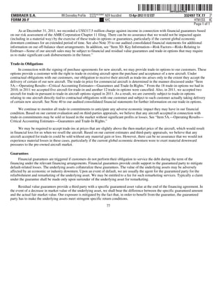 ˆ200FVFj&BF0uxlKw:Š
                                                                                                                   200FVFj&BF0uxlKw
                                                           NYCFBUAC350897
EMBRAER S.A.                        RR Donnelley ProFile   10.10.16         NER feucs0nd   13-Apr-2012 11:12 EST                332497 TX 77 3*
FORM 20-F                                                                   NYC                                                       HTM ESS 0C
                                                                                                                                     Page 1 of 1
      As at December 31, 2011, we recorded a US$317.5 million charge against income in connection with financial guarantees based
on our risk assessment of the AMR Corporation Chapter 11 filing. There can be no assurance that we would not be impacted again
(including in a material way) by the exercise of these trade-in options or guarantees, particularly if the current global economic
downturn continues for an extended period of time. See also Note 35 to our audited consolidated financial statements for additional
information on our off-balance sheet arrangements. In addition, see “Item 3D. Key Information—Risk Factors—Risks Relating to
Embraer—Some of our aircraft sales may be subject to financial and residual value guarantees and trade-in options that may require
us to make significant cash disbursements in the future.”

Trade-in Obligations
      In connection with the signing of purchase agreements for new aircraft, we may provide trade-in options to our customers. These
options provide a customer with the right to trade-in existing aircraft upon the purchase and acceptance of a new aircraft. Under
contractual obligations with our customers, our obligation to receive their aircraft as trade-ins arises only to the extent they accept the
delivery of certain of our new aircraft. The trade-in price for commercial aircraft is determined in the manner discussed under “Item
5A.—Operating Results—Critical Accounting Estimates—Guarantees and Trade-In Rights.” From the 18 trade-in options we had in
2010, in 2011 we accepted five aircraft for trade-in and another 12 trade-in options were cancelled. Also, in 2011, we accepted two
aircraft for trade-in pursuant to trade-in aircraft options signed in 2011. As a result, we are currently subject to trade-in options
relating to one aircraft directly tied to contractual obligations with one customer and subject to such customer actually taking delivery
of certain new aircraft. See Note 40 to our audited consolidated financial statements for further information on our trade-in options.

      We continue to monitor all trade-in commitments to anticipate any adverse economic impact they may have in our financial
condition. Based on our current evaluation and on third-parties appraisals, we believe that any aircraft accepted in connection with
trade-in commitments may be sold or leased in the market without significant profits or losses. See “Item 5A.—Operating Results—
Critical Accounting Estimates—Guarantees and Trade-In Rights.”

      We may be required to accept trade-ins at prices that are slightly above the then-market price of the aircraft, which would result
in financial loss for us when we resell the aircraft. Based on our current estimates and third-party appraisals, we believe that any
aircraft accepted for trade-in could be sold without any material gain or loss. However, there can be no assurance that we would not
experience material losses in these cases, particularly if the current global economic downturn were to exert material downward
pressures to the pre-owned aircraft market.

Guarantees
      Financial guarantees are triggered if customers do not perform their obligation to service the debt during the term of the
financing under the relevant financing arrangements. Financial guarantees provide credit support to the guaranteed party to mitigate
default-related losses. The underlying assets collateralize these guarantees. The value of the underlying assets may be adversely
affected by an economic or industry downturn. Upon an event of default, we are usually the agent for the guaranteed party for the
refurbishment and remarketing of the underlying asset. We may be entitled to a fee for such remarketing services. Typically a claim
under the guarantee shall be made only upon surrender of the underlying asset for remarketing.

     Residual value guarantees provide a third party with a specific guaranteed asset value at the end of the financing agreement. In
the event of a decrease in market value of the underlying asset, we shall bear the difference between the specific guaranteed amount
and the actual fair market value. Our exposure is mitigated by the fact that, in order to benefit from the guarantee, the guaranteed
party has to make the underlying assets meet stringent specific return conditions.
                                                                             77
 