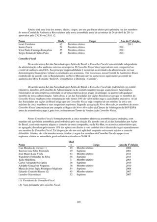 Abaixo está uma lista dos nomes, idades, cargos, ano em que foram eleitos pela primeira vez dos membros
do nosso Comitê de Auditoria e Risco eleitos pela nossa assembléia anual de acionistas de 26 de abril de 2011 e
aprovados pelo CADE em 23.01.12.

Nome                                 Idade                         Cargo                         Ano da 1a eleição
Israel Vainboim                        67      Membro efetivo                                         2011
Samir Zraick                           71      Membro efetivo                                   2011
Vitor Paulo Camargo Gonçalves          55      Membro efetivo                                   2011
Sergio Eraldo de Salles Pinto          47      Membro efetivo                                   2011

Conselho Fiscal

         De acordo com a Lei das Sociedades por Ações do Brasil, o Conselho Fiscal é uma entidade independente
da administração e dos auditores externos da empresa. O Conselho Fiscal não é equivalente nem comparável ao
comitê de auditoria dos EUA. Sua principal responsabilidade é monitorar as atividades da administração, revisar
demonstrações financeiras e relatar os resultados aos acionistas. Em nosso caso, nosso Comitê de Auditoria e Risco
estabelecido de acordo com os Regulamentos do Novo Mercado servirá como nosso equivalente ao comitê de
auditoria dos EUA. Consulte “Item 6A. Conselheiros e Diretoria – Comitês”.


         De acordo com a Lei das Sociedades por Ações do Brasil, o Conselho Fiscal não pode incluir, no comitê
executivo, membros do Conselho de Administração ou do comitê executivo ou que sejam nossos funcionários,
funcionários de uma empresa controlada ou de uma empresa desse grupo, ou cônjuges ou parentes de qualquer
membro de nossa administração. Além disso, a Lei das Sociedades por Ações brasileira exige que os membros do
Conselho Fiscal recebam como remuneração pelo menos 10% do valor médio pago a cada diretor executivo. A Lei
das Sociedades por Ações do Brasil exige que um Conselho Fiscal seja composto de um mínimo de três e um
máximo de cinco membros e seus respectivos suplentes. Segundo as regras do Novo Mercado, os membros do nosso
Conselho Fiscal concordaram em cumprir as Regras do Novo Mercado e da Câmara de Arbitragem da BOVESPA
antes de assumirem o cargo e, para isso, assinaram um Termo de Anuência do Conselho Fiscal.


         Nosso Conselho Fiscal é formado por três a cinco membros eleitos na assembleia geral ordinária, com
mandato até a próxima assembleia geral ordinária após sua eleição. De acordo com a Lei das Sociedades por Ações
do Brasil, caso uma empresa adquira o controle de outra companhia, os da Rio Han, os acionistas minoritários que,
no agregado, detenham pelo menos 10% das ações com direito a voto também têm o direito de eleger separadamente
um membro do Conselho Fiscal. Tal disposição não nos será aplicável enquanto estivermos sujeitos a controle
difundido. Abaixo, são relacionados nomes, idades e cargos dos membros do Conselho Fiscal e respectivos
suplentes, eleitos na assembleia geral ordinária realizada em 26.04.11.

                                               Idad
Nome                                             e                  Cargo                       Ano da 1a eleição
Ivan Mendes do Carmo (1)                        49     Membro efetivo                                2008
Tarcísio Luiz Silva Fontenele                   49     Suplente                                      2001
José Mauro Laxe Vilela                          64     Membro efetivo                                2011
Wanderley Fernandes da Silva                    38     Suplente                                      2011
Taiki Hirashima                                 71     Membro efetivo                                2004
Carlos Alexandre Miyahira                       36     Suplente                                      2010
Adolpho Gonçalves Nogueira                      76     Membro efetivo                                2010
Maria de Jesus Tapia Rodriguez Migliorin        54     Suplente                                      2008
Eduardo Coutinho Guerra (2)                     45     Membro efetivo                                2007
Leandro Giacomazzo                              52     Suplente                                      2007

(1) Presidente do Conselho Fiscal.
(2) Vice-presidente do Conselho Fiscal.




                                                       105
 