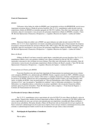 Fonte de Financiamento


BNDES

        Utilizamos várias linhas de crédito do BNDES, que é proprietário exclusivo da BNDESPAR, um de nossos
importantes acionistas diretos e filiada do governo brasileiro. Em 31.12.11, mantínhamos saldo devedor total em
empréstimos obtidos do BNDES no montante agregado de US$ 535,3 milhões. Para obter mais informações sobre
montantes, datas de vencimentos e taxas de juros dos principais empréstimos obtidos do BNDES, consulte o "Item
5B. Revisão Operacional e Financeira e Perspectivas — Liquidez e Recursos de Capital — Linhas de Crédito".


FINEP

         Mantemos linhas de crédito com a FINEP, nas quais tínhamos um saldo devedor total de US$ 156,2
milhões, em 31.12.11. Esses empréstimos nos foram concedidos principalmente para o financiamento das despesas
de pesquisa e desenvolvimento das aeronaves Phenom 100 e 300 e Legacy 500. Para obter mais informações sobre
montantes, datas de vencimentos e taxas de juros dos principais empréstimos obtidos da FINEP, consulte o "Item
5B. Revisão Operacional e Financeira e Perspectivas — Liquidez e Recursos de Capital — Linhas de Crédito".


Banco do Brasil

         O Banco do Brasil é um banco estatal de capital aberto, controlado pelo governo brasileiro. Em 31.12.11,
mantínhamos débitos com e sem garantias solidárias com o Banco do Brasil no total de US$ 301,1 milhões,
registrados como passivo não circulante em nosso balanço. Para obter mais informações sobre montantes, datas de
vencimentos e taxas de juros dos principais empréstimos obtidos do Banco do Brasil, consulte o "Item 5B. Revisão
Operacional e Financeira e Perspectivas — Liquidez e Recursos de Capital — Linhas de Crédito. "


Financiamento de Clientes pelo BNDES

         O governo brasileiro tem sido uma fonte importante de financiamento da exportação para nossos clientes
com o programa BNDES-exim, administrado pelo BNDES. Desde o segundo semestre de 2007, o BNDES começou
a fornecer financiamento aos nossos clientes sobre termos e condições financeiras conforme a interpretação do setor
de aeronaves da OCDE. O Brasil tem sido acompanhado por Canadá, Estados Unidos e da União Europeia, entre
outros, no âmbito da OCDE, como um participante no "Setor de Entendimento sobre Créditos à Exportação para
Aeronaves Civis", que visa garantir a "igualdade de condições" entre os fabricantes aeronáuticos e encoraja os
fabricantes e as companhias aéreas a concentrar-se em preço e qualidade e não em pacotes financeiros obtidos
mediante apoio do governo (Consulte o “Item 4B. Informações sobre a empresa — Visão Geral do Negócio —
Contratos de Financiamento de Aeronaves").


Um Provedor de Serviços (Banco do Brasil)


          Em 31.12.11, mantínhamos caixa e equivalentes de caixa de US$ 671,8 com o Banco do Brasil e várias de
suas afiliadas. Naquela data, também havíamos depositado no Banco do Brasil o montante de US$ 200,6 milhões em
caixa e equivalentes de caixa, que serviam como garantia para um empréstimo concedido pelo Banco do Brasil a
uma de nossas subsidiárias. Há muitas décadas o Banco do Brasil tem sido um fornecedor de serviços regulares de
banco comercial e administração de ativos para nossa empresa. Esses serviços incluem a manutenção de nossa conta
corrente e a administração de fundos exclusivos de investimentos em que somos o único investidor.


7C.     Participação de Especialistas e Consultores


        Não se aplica.



                                                        109
 