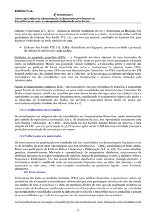 Embraer S.A.

Notas explicativas da administração às demonstrações financeiras
Em milhares de reais, exceto quando indicado de outra forma



Embraer Netherlands B.V. (ENL) - subsidiária integral constituída em 2011, domiciliada na Holanda, tem
como principal objetivo coordenar os investimentos em subsidiárias no exterior. Atualmente detém 100% da
participação da Embraer Ásia Pacific PTE. Ltd., que teve seu controle transferido da Embraer S.A. para
Embraer Netherlands em 26 de setembro de 2011.

    •   Embraer Ásia Pacific PTE. Ltd. (EAP) - domiciliada em Cingapura, tem como atividade a prestação
        de serviços de suporte pós-venda na Ásia.

Entidades de propósito específico (EPEs) - a Companhia estrutura algumas de suas transações de
financiamento de vendas de aeronaves por meio de EPEs, sobre as quais não detém participação societária
direta ou indiretamente. Mesmo não possuindo vínculo societário, a Companhia detém o controle das
operações ou participa de forma majoritária dos riscos e recompensas de algumas dessas EPEs,
consolidando, desta forma, essas EPEs nas suas demonstrações financeiras. As EPEs consolidadas são: PM
Limited, Refine Inc., RS Limited, River One Ltd. e Table Inc.. As EPEs nas quais a Embraer não figura como
controladora não são consolidadas, com base em fundamentos e análises técnicas realizadas pela
Administração.

Fundos de investimentos exclusivos (FIE) - em consonância com suas estratégias de negócios, a Companhia
possui fundos de investimentos exclusivos, os quais estão consolidados nas demonstrações financeiras. Os
títulos e investimentos mobiliários mantidos por meio desses fundos são registrados nas rubricas Caixa e
equivalentes de caixa ou Instrumentos financeiros ativos, considerando os vencimentos originais dos títulos e
as estratégias de investimento dos fundos, que prevêem a negociação desses títulos em prazos que
caracterizam a liquidez imediata dos valores (Notas 6 e 7).

    (i) Investimentos em coligadas

Os investimentos em coligadas não são consolidados nas demonstrações financeiras, sendo reconhecidos
pelo método de equivalência patrimonial. Em 31 de dezembro de 2011, era representado basicamente pela
Aero Seating Technologies LLC (AST) - domiciliada em San Gabriel, Estados Unidos da América, é uma
coligada da EAH, que tem participação de 36,7% no seu capital social. A AST tem como atividade principal a
produção e manutenção de assentos para aeronaves.

    (ii) Participação em sociedades

Os investimentos em participação em sociedades não são consolidados nas demonstrações financeiras e em
31 de dezembro de 2011 eram representados pela AEL Sistemas S.A. – (AEL), domiciliada em Porto Alegre,
Brasil, com participação da Embraer Defesa e Segurança e Participações S.A. de 25%. Tem como atividade
pesquisa, desenvolvimento, fabricação e comercialização de componentes eletrônicos, equipamentos de
eletrônica aplicados na aviação e programas de software. Apesar da participação de 25%, a Embraer Defesa e
Segurança e Participações S.A. não possui influência significativa nesta empresa, conseqüentemente, o
investimento detido é classificado como um instrumento financeiro ativo, no ativo não circulante, e está
mensurado ao valor justo, tendo suas variações reconhecidas no patrimônio líquido como Resultado
abrangente.
         (b) Controladas

Controladas são todas as entidades (inclusive EPEs) cujas políticas financeiras e operacionais podem ser
conduzidas pela Companhia e normalmente evidenciadas por uma participação acionária de mais da metade
dos direitos de voto. A existência e o efeito de potenciais direitos de voto, que são atualmente exercíveis ou
conversíveis, são levados em consideração ao avaliar se a Companhia controla outra entidade. As controladas
são integralmente consolidadas a partir da data em que o controle é transferido para a Companhia e deixam
de ser consolidadas a partir da data em que o controle cessa como operações entre acionistas.

A Companhia trata as transações com participações não controladoras como transações com proprietários de


                                                     15
 