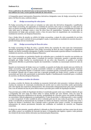 Embraer S.A.

Notas explicativas da administração às demonstrações financeiras
Em milhares de reais, exceto quando indicado de outra forma

A Companhia possui instrumentos financeiros derivativos designados como de hedge accounting de valor
justo e de fluxo de caixa, conforme abaixo:

        (i)     Hedge accounting de valor justo

No hedge accounting de valor justo as variações no valor justo dos derivativos designados e qualificados
como hedge accounting, são registradas no resultado do exercício, bem como as variações no valor justo do
ativo ou passivo protegido atribuível ao risco protegido. A Companhia só aplica a contabilização de hedge de
valor justo para se proteger contra o risco de juros fixos de empréstimos. Variações no valor justo de
instrumentos de hedge para proteção contra o risco de juros fixos de empréstimos são reconhecidas no
resultado do exercício, em Despesas financeiras.

Caso o hedge deixe de atender ao critério de hedge accounting, o ajuste do valor acumulado de um item
protegido, para o qual o método de juros protegido é usado, é amortizado no resultado do exercício durante o
período de tempo até seu vencimento.

        (ii)    Hedge accounting de fluxo de caixa

No hedge accounting de fluxo de caixa, a parcela efetiva das variações do valor justo dos instrumentos
derivativos designados e qualificados como hedge accounting de fluxo de caixa é registrada no patrimônio
líquido, em Outros resultados abrangentes. O ganho ou perda relacionado à parcela ineficaz é reconhecida no
resultado do exercício, em Receita (despesa) financeira.

Os valores acumulados no patrimônio líquido são realizados para o resultado do exercício nos períodos em
que o item protegido por hedge afetar o resultado do exercício. Entretanto, quando a operação prevista
protegida por hedge resultar no reconhecimento de um ativo não financeiro, os ganhos e as perdas
previamente diferidos no patrimônio líquido são transferidos e incluídos na mensuração inicial do custo do
ativo.

Quando um instrumento de hedge vence ou é vendido, ou quando um hedge não atende mais aos critérios de
hedge accounting, todo ganho ou perda acumulado existente no patrimônio líquido naquele momento
permanece no patrimônio líquido e é realizado contra o resultado quando a transação prevista é reconhecida
no resultado. Quando não se espera mais que a operação protegida por hedge ocorra, o ganho ou a perda
acumulado que havia sido apresentado no patrimônio líquido é imediatamente transferido para o resultado
do exercício, em Receita (despesa) financeira.

        (k) Contas a receber de clientes

As contas a receber de clientes são avaliadas no momento inicial pelo valor presente e incluem valores das
receitas de contratos de construção reconhecidas de acordo com os custos incorridos sendo apresentadas
pelo valor líquido dos respectivos adiantamentos. São mensuradas subsequentemente pelo custo amortizado
com o uso do método da taxa de juros efetiva menos a provisão para crédito de liquidação duvidosa.

Uma provisão para crédito de liquidação duvidosa é constituída quando existe uma evidência objetiva de que
a Companhia não será capaz de cobrar todos os valores devidos por seus clientes, como em casos de
dificuldades financeiras significativas do devedor, probabilidade de o devedor entrar com pedido de falência
ou concordata e falta de pagamento ou inadimplência. O valor da provisão é a diferença entre o valor contábil
e o valor recuperável. O valor contábil do ativo é reduzido pelo uso de uma conta de provisão, e o valor da
perda é reconhecido na demonstração do resultado na rubrica de despesas comerciais. Quando uma conta a
receber de clientes é incobrável, esta é baixada contra a provisão para contas a receber. As recuperações
subsequentes de valores previamente baixados são creditadas no resultado do exercício em Despesas
comerciais.

O cálculo do valor presente, quando aplicável, é efetuado na data da transação com base numa taxa de juros
que reflita o prazo e as condições de mercado da época. A Companhia não registra o ajuste a valor presente
em virtude de não terem efeitos relevantes nas demonstrações financeiras.




                                                     19
 