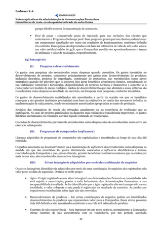 Embraer S.A.

Notas explicativas da administração às demonstrações financeiras
Em milhares de reais, exceto quando indicado de outra forma

                   parque fabril e centros de manutenção de aeronaves.

            •      Pool de peças - compreende peças de reposição para uso exclusivo dos clientes que
                   contrataram o Programa Exchange pool. Esse programa prevê que tais clientes podem trocar
                   um componente danificado por outro em condições de funcionamento, conforme definido
                   em contrato. Essas peças são depreciadas com base na estimativa de vida de sete a dez anos e
                   um valor residual médio de 35%, que a Companhia acredita ser aproximadamente o tempo
                   de utilização e valor de realização, respectivamente.

        (q) Intangíveis

            (i)        Pesquisa e desenvolvimento

Os gastos com pesquisas são reconhecidos como despesas quando incorridos. Os gastos incorridos no
desenvolvimento de projetos, compostos principalmente por gastos com desenvolvimento de produtos,
incluindo desenhos, projetos de engenharia, construção de protótipos, são reconhecidos como ativos
intangíveis quando for provável que os projetos irão gerar benefícios econômicos futuros, considerando-se
sua viabilidade comercial e tecnológica, disponibilidade de recursos técnicos e financeiros e somente se o
custo puder ser medido de modo confiável. Gastos de desenvolvimento que não atendam a esses critérios são
reconhecidos como despesa no resultado do exercício, em Despesas com pesquisas, conforme incorridos.

Os gastos de desenvolvimento capitalizados são amortizados a partir da ocasião em que os benefícios
começam a ser gerados (unidades produzidas) com base na estimativa de venda das aeronaves definida na
implementação de cada projeto, sendo os montantes amortizados apropriados ao custo de produção.

Revisões das estimativas de venda são efetuadas anualmente ou na ocorrência de evidências que as
justifiquem. No caso de projetos paralisados ou daqueles cuja realização é considerada improvável, os gastos
diferidos são baixados ou reduzidos ao valor líquido estimado de recuperação.

Os custos de desenvolvimento previamente reconhecidos como despesa não são reconhecidos como ativo em
exercício subsequente.

            (ii)       Programas de computador (softwares)

Licenças adquiridas de programas de computador são capitalizadas e amortizadas ao longo de sua vida útil
estimada.

Os gastos associados ao desenvolvimento ou à manutenção de softwares são reconhecidos como despesas na
medida em que são incorridos. Os gastos diretamente associados a softwares identificáveis e únicos,
controlados pela Companhia e que, provavelmente, gerarão benefícios econômicos maiores que os custos por
mais de um ano, são reconhecidos como ativos intangíveis.

            (iii)         Ativos intangíveis adquiridos por meio de combinação de negócios

Os ativos intangíveis identificáveis adquiridos por meio de uma combinação de negócios são registrados pelo
valor justo na data de aquisição. Destaca-se neste grupo:

        •   Ágio - O ágio registrado como ativo intangível nas demonstrações financeiras consolidadas não
            está sujeito a amortização, porém a cada fechamento das demonstrações financeiras, a sua
            recuperabilidade é avaliada. Se for identificado que o ágio registrado não será recuperado na sua
            totalidade, o valor referente a esta perda é registrado no resultado do exercício. As perdas por
            impairment reconhecidas sobre ágio não são revertidas.

        •   Desenvolvimento de produtos - Em certas combinações de negócios podem ser identificados
            desenvolvimentos de produtos que representam valor para a Companhia. Esses ativos possuem
            vida útil definida e são amortizados conforme a sua vida útil estimada do produto.

        •   Contrato de não concorrência - Para ingressar em um novo negócio, normalmente a Companhia
            efetua contrato de não concorrência com os vendedores, por um período acordado

                                                       22
 