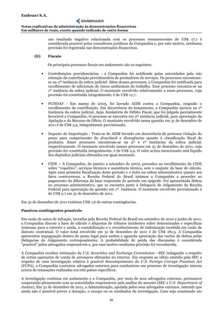 Embraer S.A.

Notas explicativas da administração às demonstrações financeiras
Em milhares de reais, exceto quando indicado de outra forma

                  um resultado negativo relacionada com os processos remanescentes de US$ 17,1 é
                  considerada possível pelos consultores jurídicos da Companhia e, por este motivo, nenhuma
                  provisão foi registrada nas demonstrações financeiras.

       (ii)       Fiscais

                  Os principais processos fiscais em andamento são os seguintes:

              •   Contribuições previdenciárias - a Companhia foi notificada pelas autoridades pela não
                  retenção da contribuição previdenciária de prestadores de serviços. Os processos encontram-
                  se na 2ª instância da esfera judicial. Além desses processos, a Companhia foi notificada para
                  recolhimento de adicionais de riscos ambientais do trabalho. Esse processo encontra-se na
                  1ª instância da esfera judicial. O montante envolvido relativamente a esses processos, cuja
                  provisão foi constituída integralmente, é de US$ 12,7.

              •   FUNDAF - Em março de 2005, foi lavrado AIIM contra a Companhia, exigindo o
                  recolhimento da contribuição. Em decorrência do lançamento, a Companhia ajuizou na 1ª
                  Instância da esfera judicial, Ação Anulatória de Débito Fiscal, que foi julgada parcialmente
                  favorável a Companhia. O processo se encontra em 2ª instância judicial, para apreciação da
                  Apelação e do Recurso de Ofício. O montante envolvido nessa questão em 31 de dezembro de
                  2011 é de US$ 5,9, integralmente provisionado.

              •   Imposto de Importação - Trata-se de AIIM lavrado em decorrência de pretensa violação do
                  prazo para cumprimento do drawback e divergências quanto à classificação fiscal de
                  produtos. Esses processos encontram-se na 2ª e 1ª instâncias da esfera judicial,
                  respectivamente. O montante envolvido nesses processos em 31 de dezembro de 2011, cuja
                  provisão foi constituída integralmente, é de US$ 2,9. O valor acima mencionado está líquido
                  dos depósitos judiciais efetuados em igual montante.

              •   CIDE – A Companhia, de janeiro a setembro de 2002, procedeu ao recolhimento da CIDE
                  sobre “royalties”, serviços técnicos e assistência técnica, sem o reajuste da base de cálculo.
                  Após uma primeira fiscalização deste período e o êxito na esfera administrativa quanto aos
                  fatos controversos, a Receita Federal do Brasil intimou a Companhia a proceder ao
                  pagamento da diferença da base reajustada do período em epígrafe. Foi apresentada defesa
                  no processo administrativo, que se encontra junto à Delegacia de Julgamento da Receita
                  Federal para apreciação da questão em 1ª. Instância. O montante envolvido provisionado é
                  de US$ 2,7 em 31 de dezembro de 2011.

Em 31 de dezembro de 2011 existiam US$ 1,6 de outras contingências.

Passivos contingentes possíveis

Em razão de autos de infração, lavrados pela Receita Federal do Brasil em setembro de 2010 e junho de 2011,
a Companhia discute a base de cálculo e alíquotas de tributos incidentes sobre determinadas e específicas
remessas para o exterior e ainda, a contabilização e o reconhecimento de indenização recebida em razão de
distrato contratual. O valor total envolvido em 31 de dezembro de 2011 é de US$ 181,5. A Companhia
apresentou impugnação dentro do prazo legal para ambos e aguarda apreciação das razões de defesa pelas
Delegacias de Julgamento correspondentes. A probabilidade de perda das discussões é considerada
"possível" pelos advogados responsáveis e, por esse motivo nenhuma provisão foi reconhecida.

A Companhia recebeu intimação da U.S. Securities and Exchange Commission - SEC indagando a respeito
de certas operações de venda de aeronaves efetuadas no exterior. Em resposta ao ofício emitido pela SEC a
respeito de uma investigação relativa à possível descumprimento do U.S. Foreign Corrupt Practices Act
(FCPA), a Companhia contratou advogados externos para conduzirem um processo de investigação interna
acerca de transações realizadas em três países específicos.

A investigação continua em andamento e a Companhia, por meio de seus advogados externos, permanece
cooperando plenamente com as autoridades responsáveis pela análise do assunto (SEC e U.S. Department of
Justice). Em 31 de dezembro de 2011, a Administração, apoiada pelos seus advogados externos, entende que
ainda não é possível prever a duração, o escopo ou os resultados da investigação. Caso seja constatado ato

                                                       60
 