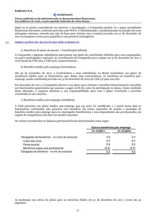 Embraer S.A.

      Notas explicativas da administração às demonstrações financeiras
      Em milhares de reais, exceto quando indicado de outra forma

      ilegal ou as partes concordarem em encerrar a investigação, a Companhia poderá vir a pagar penalidades
      financeiras relevantes, conforme previstas pelo FCPA. A Administração, consubstanciada na posição dos seus
      advogados externos, entende que não há base para estimar uma eventual provisão em 31 de dezembro de
      2011 ou tampouco meios para quantificar uma possível contingência.

27.   OBRIGAÇÕES DE BENEFÍCIOS PÓS-EMPREGO

          a) Benefícios de plano de pensão – Contribuição definida
      A Companhia e algumas subsidiárias patrocinam um plano de contribuição definida para seus empregados,
      na qual a participação é opcional. As contribuições da Companhia para o plano em 31 de dezembro de 2011 e
      2010 foram de US$ 28,4 e US$ 22,8, respectivamente.

          b) Benefício médico pós-emprego Controladora

      Até 30 de novembro de 2011, a Controladora e suas subsidiárias no Brasil mantinham um plano de
      assistência médica para os funcionários que, dadas suas características, se constituía em benefício pós-
      emprego, sendo constituída provisão em 31 de dezembro de 2010 de US$ 9,6 para esse fim.

      Em dezembro de 2011, a Companhia alterou o seu plano para eliminar o benefício historicamente concedido
      aos funcionários aposentados que passam a pagar 100% do custo de participação no plano. Como resultado
      desta alteração, a empresa eliminou a sua responsabilidade para com o plano revertendo a provisão
      constituída no ano anterior.

          c) Benefícios médico pós-emprego subsidiárias

      A EAH patrocina um plano médico pós-emprego que em 2007 foi modificado e a partir dessa data os
      funcionários contratados não possuem esse benefício. Os custos esperados de pensão e prestação de
      benefício médico pós-emprego para os empregados beneficiários e seus dependentes são provisionados em
      regime de competência com base em estudos atuariais.

      Os valores reconhecidos no balanço patrimonial foram determinados como segue:

                                                                      Outros benefícios pós emprego
                                                                      31.12.2011          31.12.2010

           Obrigações de benefícios - no início do exercício                       4,6                  4,2
            Custo dos juros                                                        0,3                  0,3
            Perda atuarial                                                         0,8                  0,3
            Benefícios pagos aos participantes                                   (0,2)                (0,2)
           Obrigação do benefício - no fim do exercício                            5,5                  4,6




      As mudanças nos ativos do plano para os exercícios findos em 31 de dezembro de 2011 e 2010 são as
      seguintes:

                                                           61
 