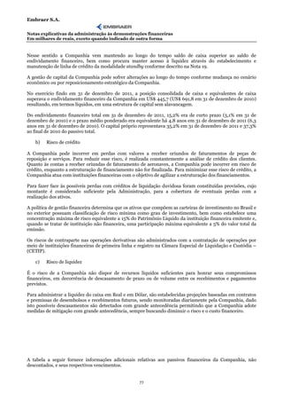 Embraer S.A.

Notas explicativas da administração às demonstrações financeiras
Em milhares de reais, exceto quando indicado de outra forma


Nesse sentido a Companhia vem mantendo ao longo do tempo saldo de caixa superior ao saldo de
endividamento financeiro, bem como procura manter acesso à liquidez através do estabelecimento e
manutenção de linha de crédito da modalidade standby conforme descrito na Nota 19.

A gestão de capital da Companhia pode sofrer alterações ao longo do tempo conforme mudança no cenário
econômico ou por reposicionamento estratégico da Companhia.

No exercício findo em 31 de dezembro de 2011, a posição consolidada de caixa e equivalentes de caixa
superava o endividamento financeiro da Companhia em US$ 445,7 (US$ 691,8 em 31 de dezembro de 2010)
resultando, em termos líquidos, em uma estrutura de capital sem alavancagem.

Do endividamento financeiro total em 31 de dezembro de 2011, 15,2% era de curto prazo (5,1% em 31 de
dezembro de 2010) e o prazo médio ponderado era equivalente há 4,8 anos em 31 de dezembro de 2011 (6,3
anos em 31 de dezembro de 2010). O capital próprio representava 35,2% em 31 de dezembro de 2011 e 37,3%
ao final de 2010 do passivo total.

    b)   Risco de crédito

A Companhia pode incorrer em perdas com valores a receber oriundos de faturamentos de peças de
reposição e serviços. Para reduzir esse risco, é realizada constantemente a análise de crédito dos clientes.
Quanto às contas a receber oriundas de faturamento de aeronaves, a Companhia pode incorrer em risco de
crédito, enquanto a estruturação de financiamento não for finalizada. Para minimizar esse risco de crédito, a
Companhia atua com instituições financeiras com o objetivo de agilizar a estruturação dos financiamentos.

Para fazer face às possíveis perdas com créditos de liquidação duvidosa foram constituídas provisões, cujo
montante é considerado suficiente pela Administração, para a cobertura de eventuais perdas com a
realização dos ativos.

A política de gestão financeira determina que os ativos que compõem as carteiras de investimento no Brasil e
no exterior possuam classificação de risco mínima como grau de investimento, bem como estabelece uma
concentração máxima de risco equivalente a 15% do Patrimônio Líquido da instituição financeira emitente e,
quando se tratar de instituição não financeira, uma participação máxima equivalente a 5% do valor total da
emissão.

Os riscos de contraparte nas operações derivativas são administrados com a contratação de operações por
meio de instituições financeiras de primeira linha e registro na Câmara Especial de Liquidação e Custódia –
(CETIP).

    c)   Risco de liquidez

É o risco de a Companhia não dispor de recursos líquidos suficientes para honrar seus compromissos
financeiros, em decorrência de descasamento de prazo ou de volume entre os recebimentos e pagamentos
previstos.

Para administrar a liquidez do caixa em Real e em Dólar, são estabelecidas projeções baseadas em contratos
e premissas de desembolsos e recebimentos futuros, sendo monitoradas diariamente pela Companhia, dado
isto possíveis descasamentos são detectados com grande antecedência permitindo que a Companhia adote
medidas de mitigação com grande antecedência, sempre buscando diminuir o risco e o custo financeiro.




A tabela a seguir fornece informações adicionais relativas aos passivos financeiros da Companhia, não
descontados, e seus respectivos vencimentos.


                                                     77
 